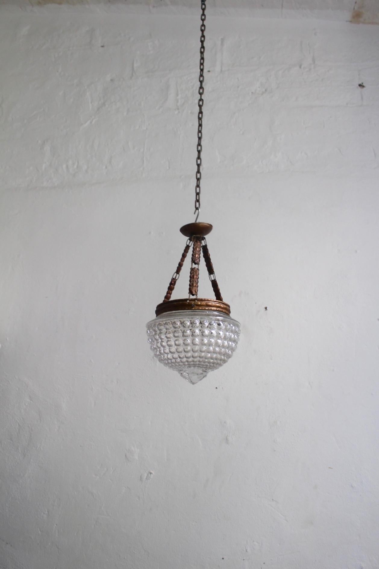 Spanish Late 19th Antique Art Nouveau Pendant Lamp with Geometric Bubble Glass For Sale
