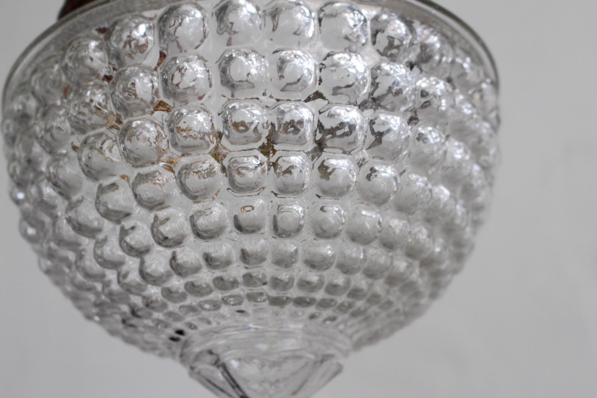 19th Century Late 19th Antique Art Nouveau Pendant Lamp with Geometric Bubble Glass For Sale