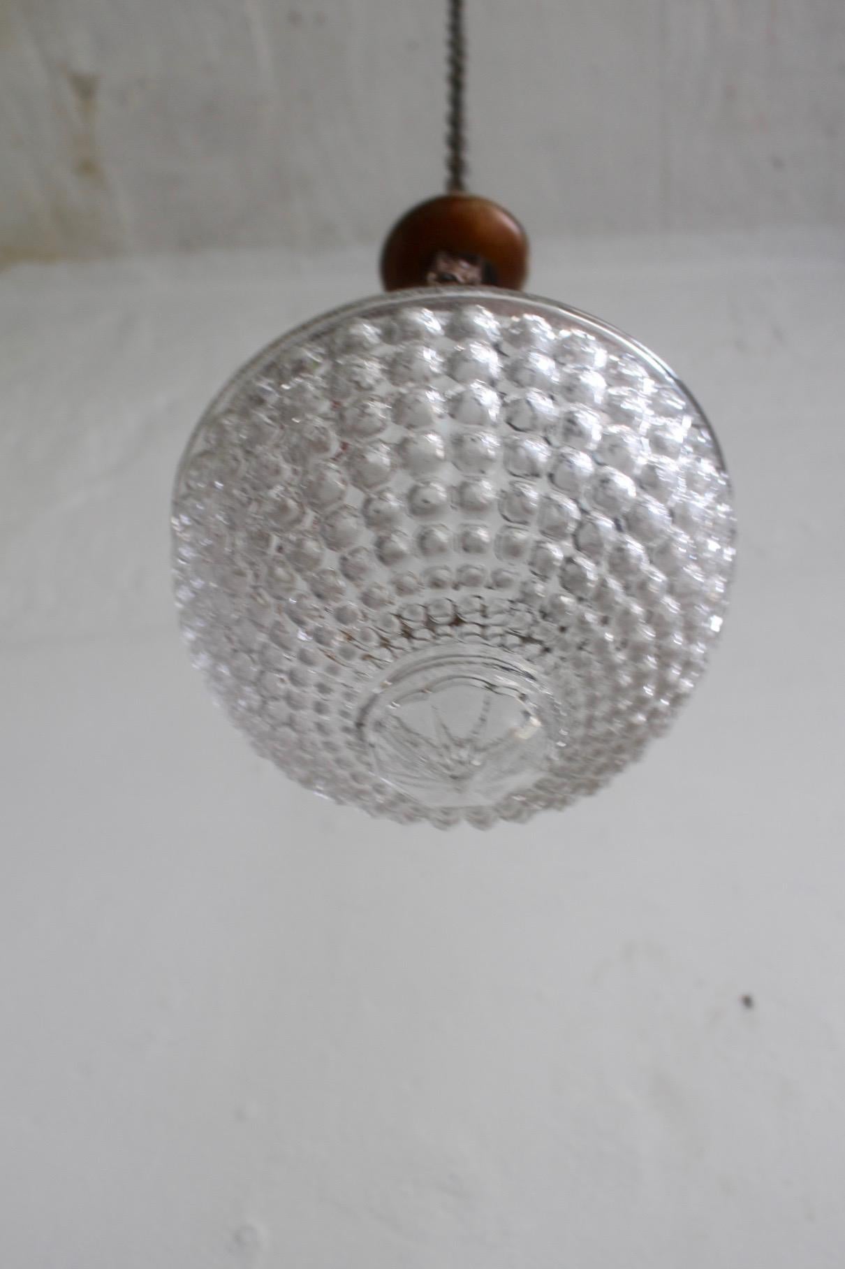 Brass Late 19th Antique Art Nouveau Pendant Lamp with Geometric Bubble Glass For Sale