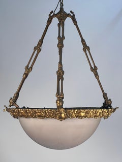 Late 19th Brass Gas Electric Pendant w/ Pale Pink Acid Etched Glass Bowl