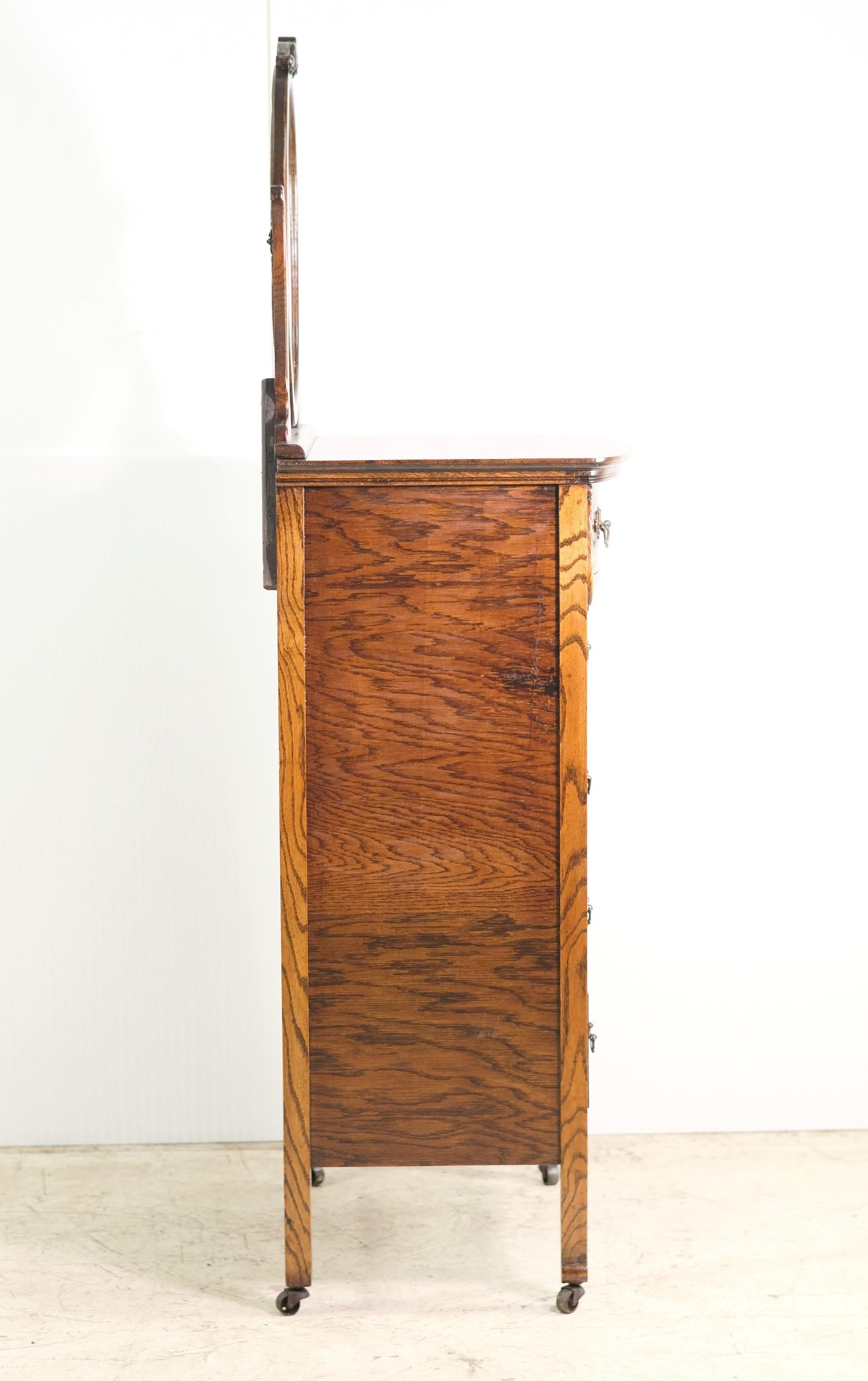 Late 19th C 5 Drawer Tiger Oak Highboy Dresser w Mirror 4