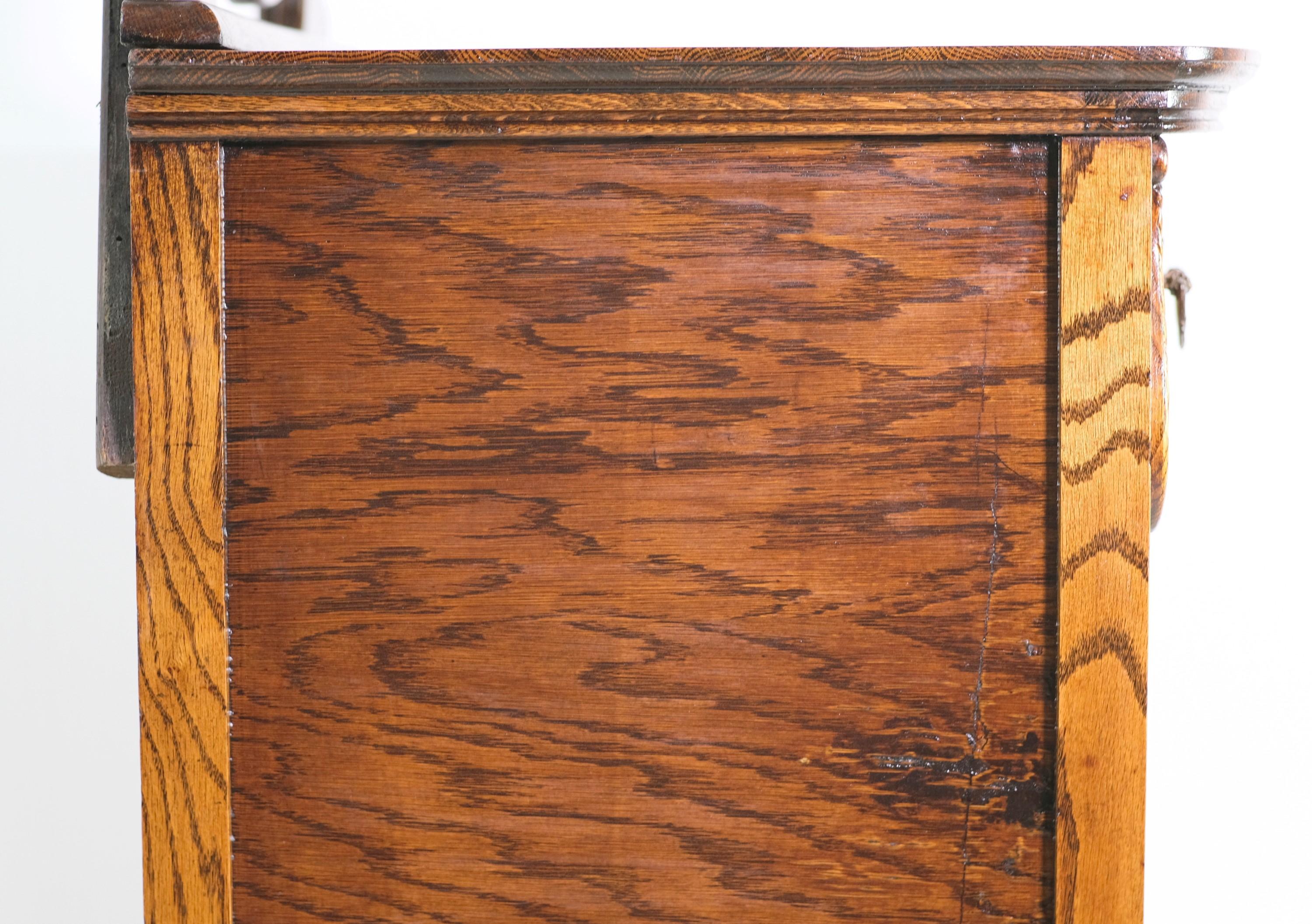 Late 19th C 5 Drawer Tiger Oak Highboy Dresser w Mirror 5