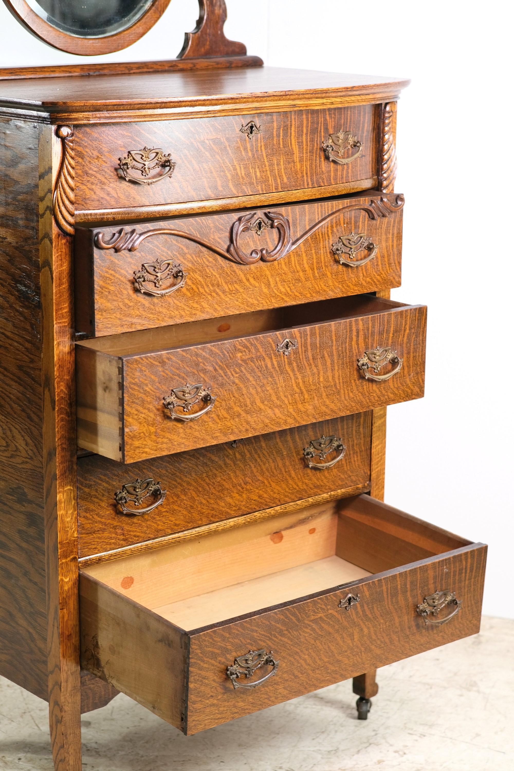 Late 19th C 5 Drawer Tiger Oak Highboy Dresser w Mirror 1