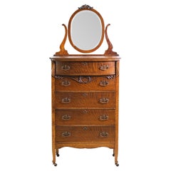 Late 19th C 5 Drawer Tiger Oak Highboy Dresser w Mirror