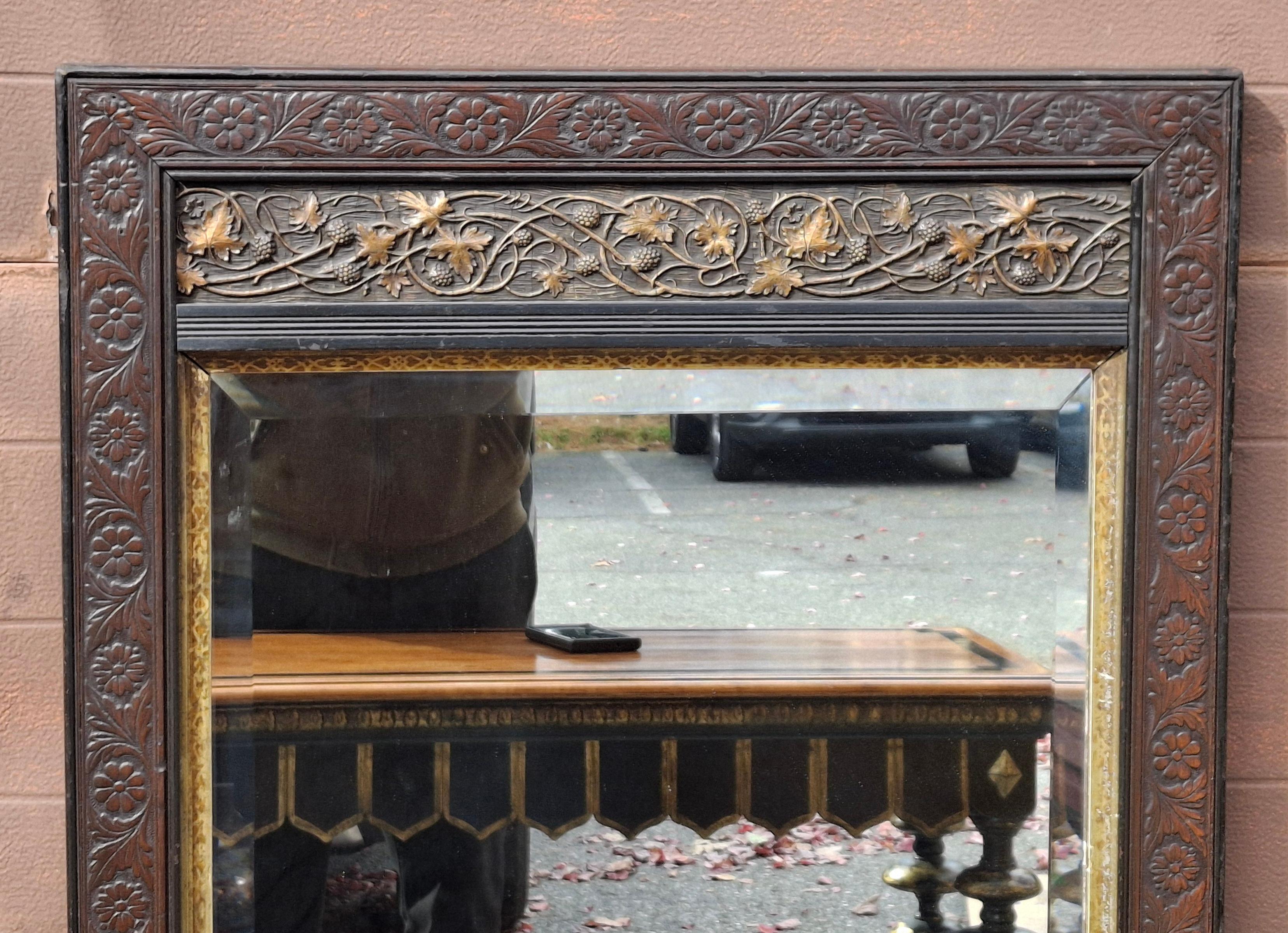 Late 19th C. Aesthetic Movement Carved Mahogany and Parcel Gilt Frame Mirror For Sale 2