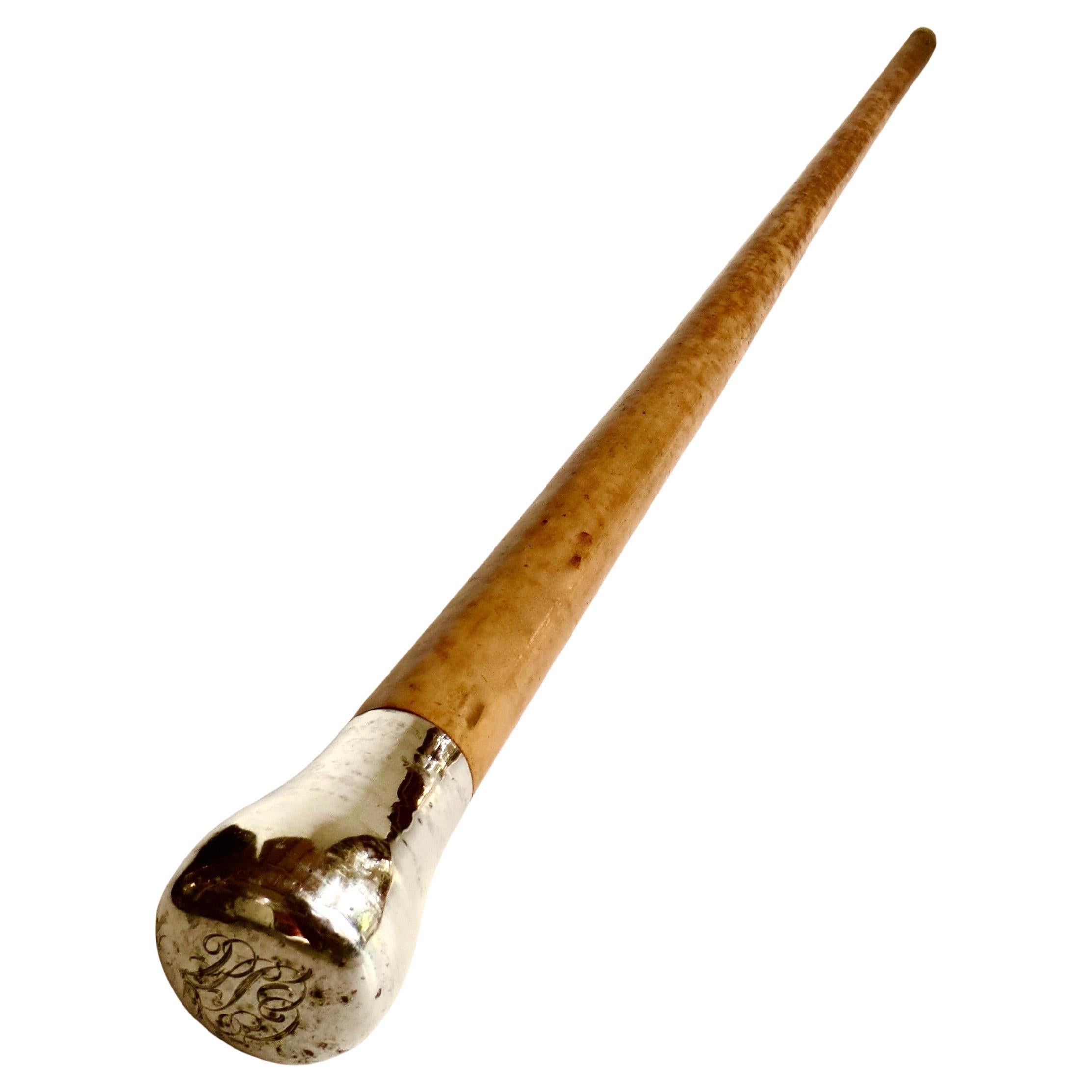Late 19th C. American "Dome Top" Sterling Silver Handle On Wooden Walking Stick