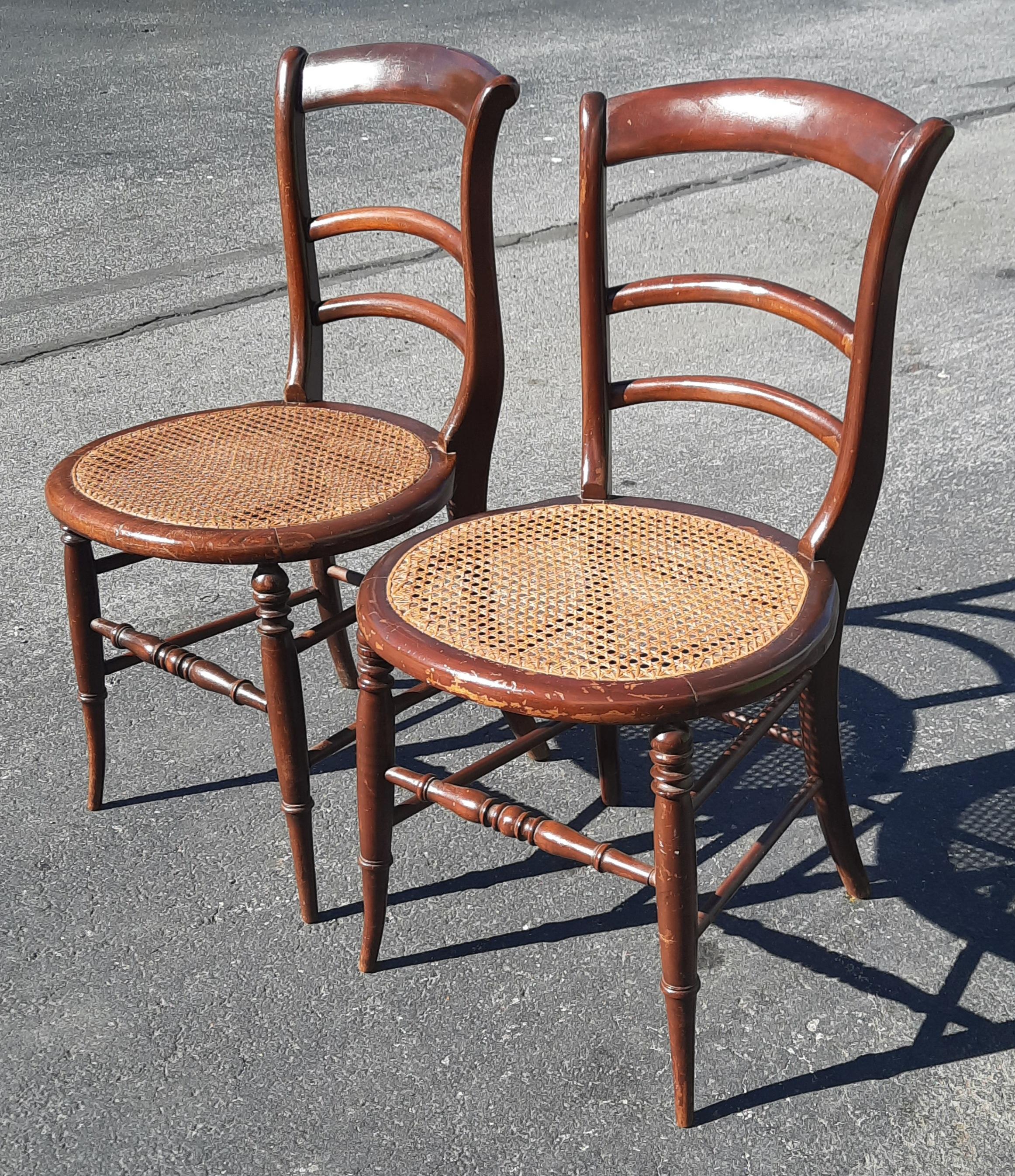 Late 19th C. Americana Ladderback Mahogany and Cane Seat Chairs, a Pair 4