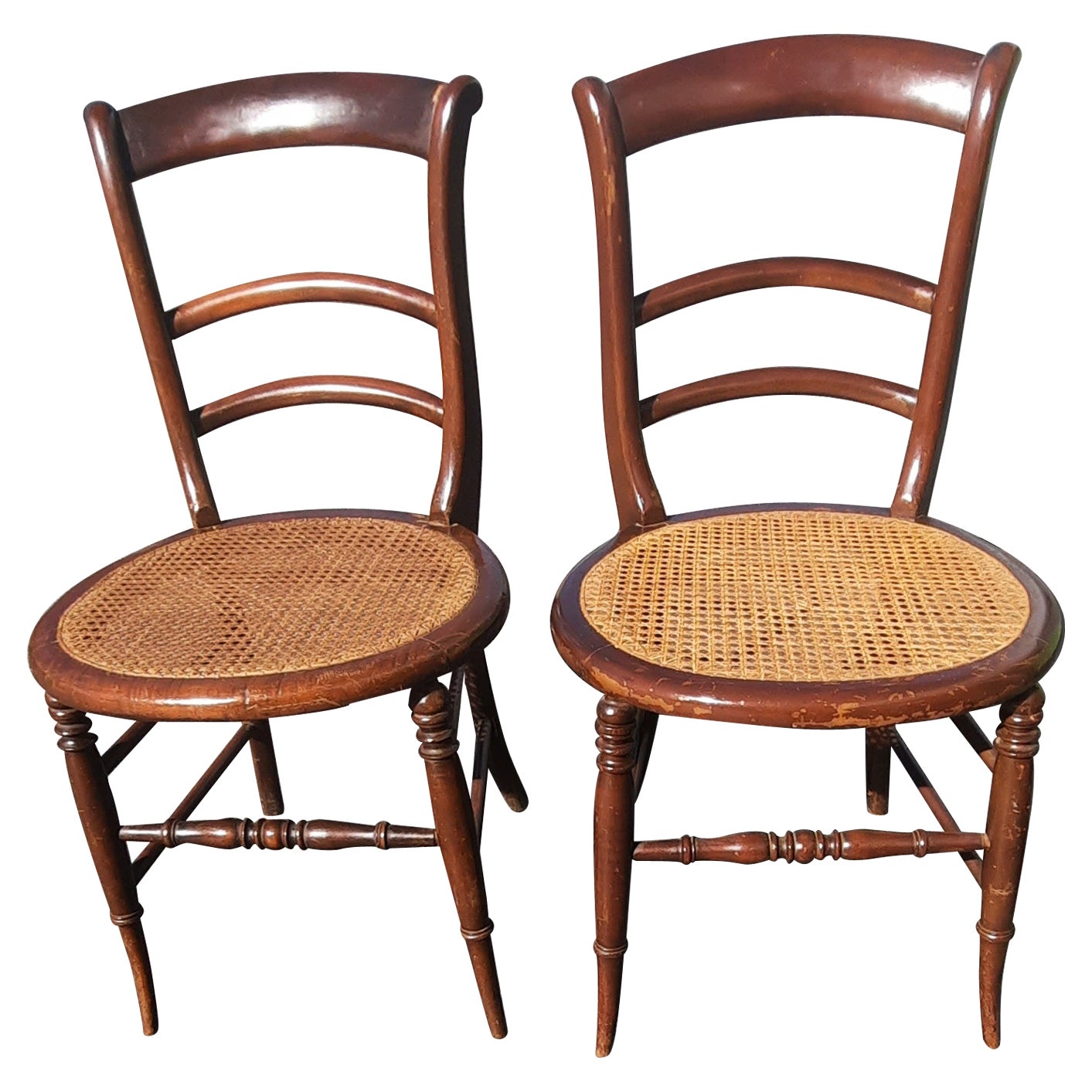 Late 19th C. Americana Ladderback Mahogany and Cane Seat Chairs, a Pair