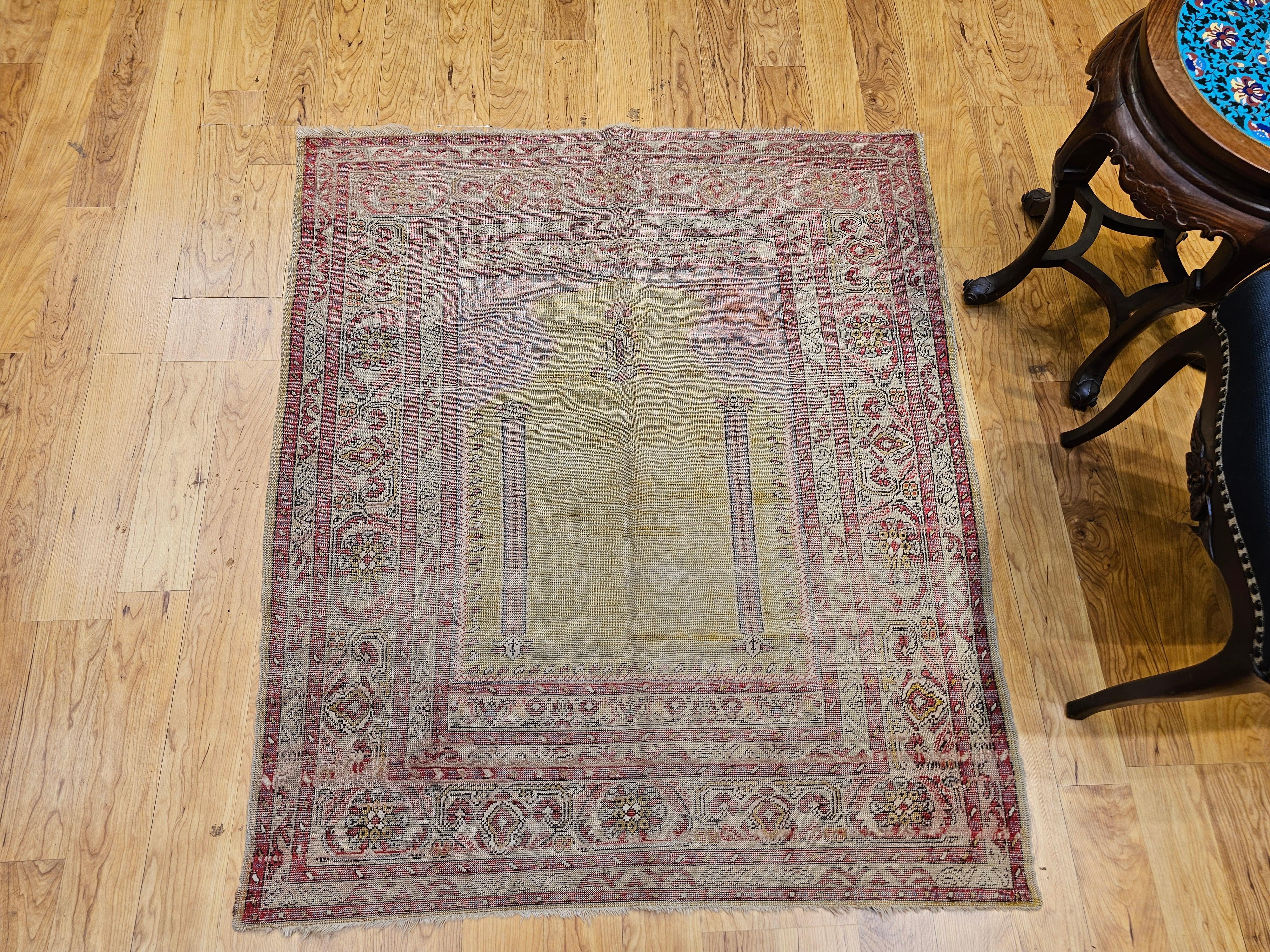 Late 19th C. Anatolian Turkish Prayer Rug – Pale Yellow with Pastel Accents For Sale 7