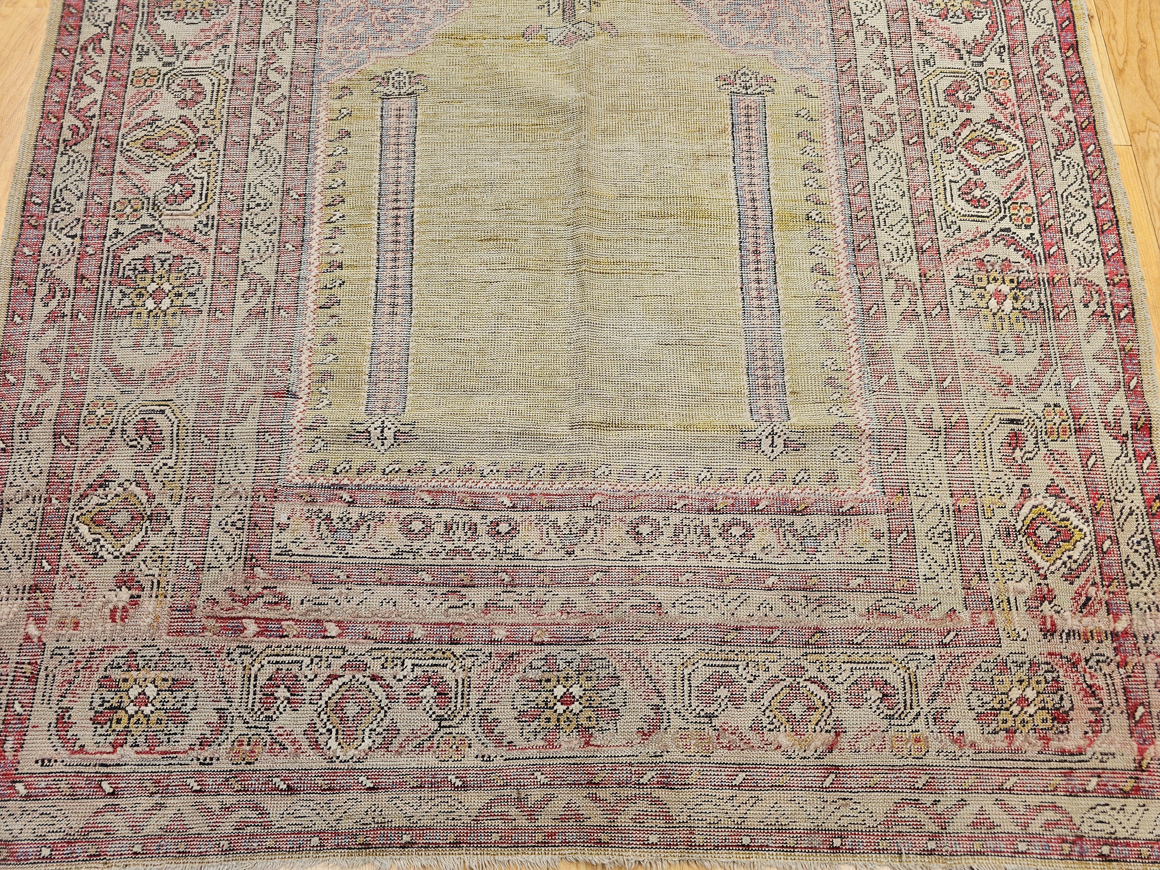 Vegetable Dyed Late 19th C. Anatolian Turkish Prayer Rug – Pale Yellow with Pastel Accents For Sale