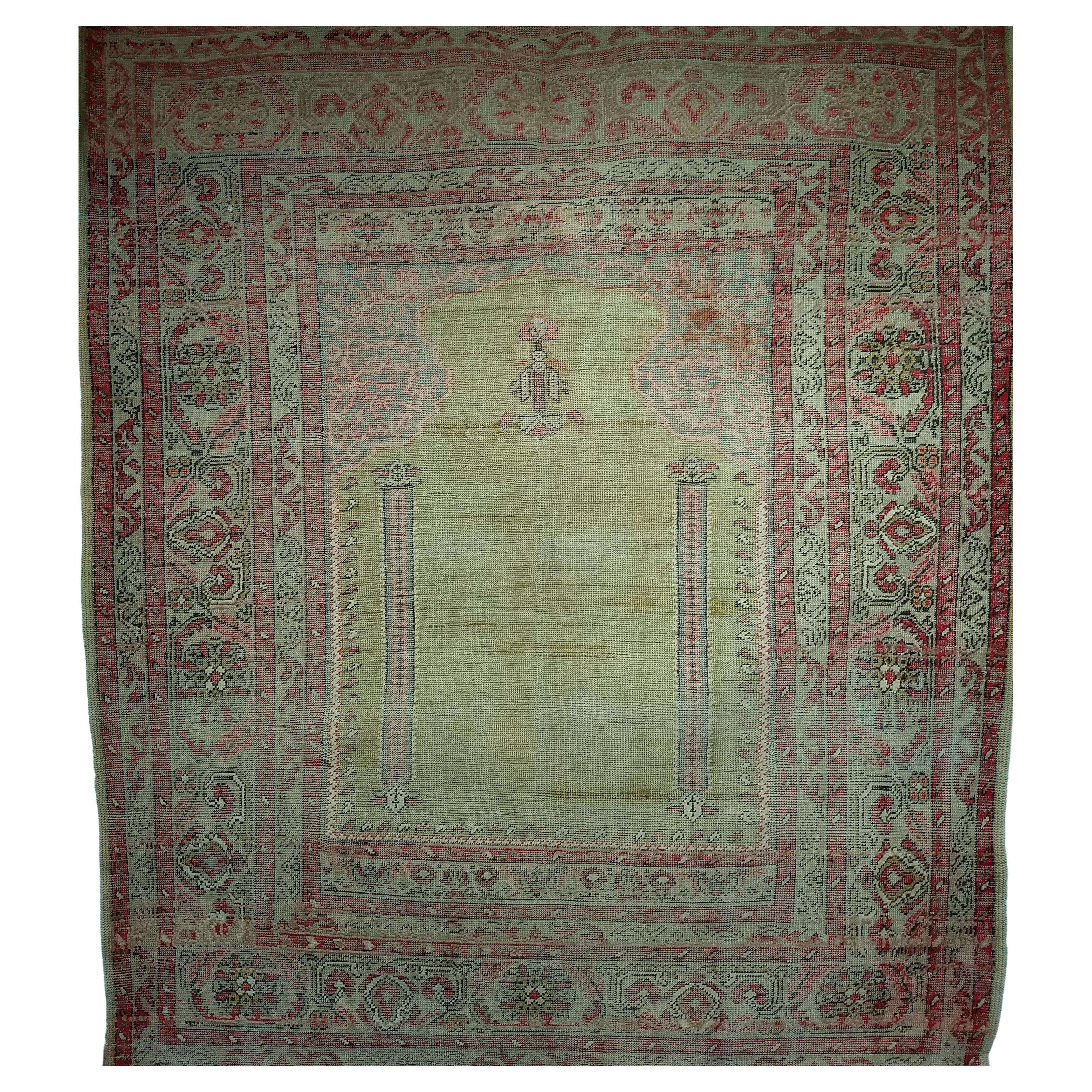 Late 19th C. Anatolian Turkish Prayer Rug – Pale Yellow with Pastel Accents For Sale