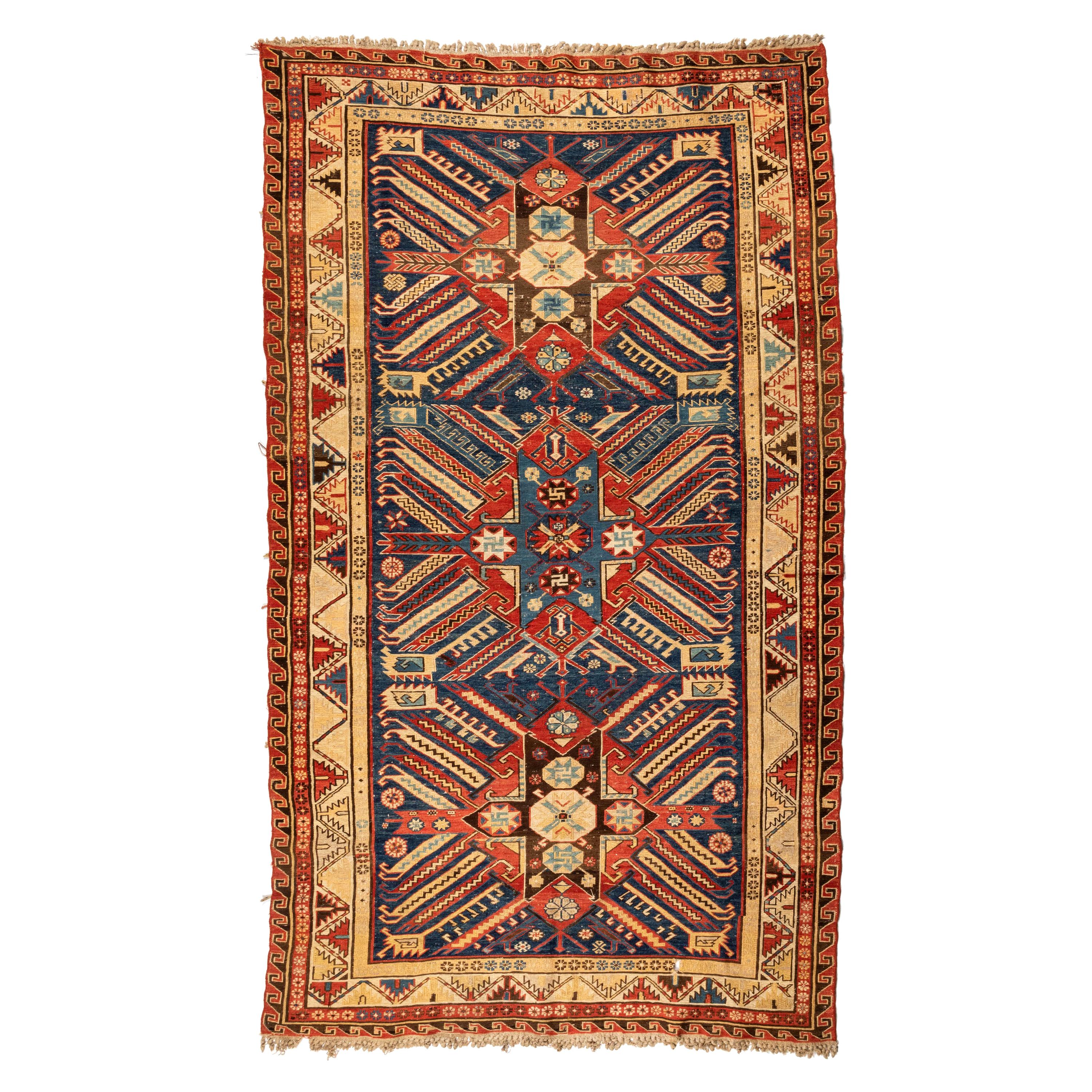 Late 19th C Antique Caucasian Red Blue Gold Tribal Soumak Rug For Sale