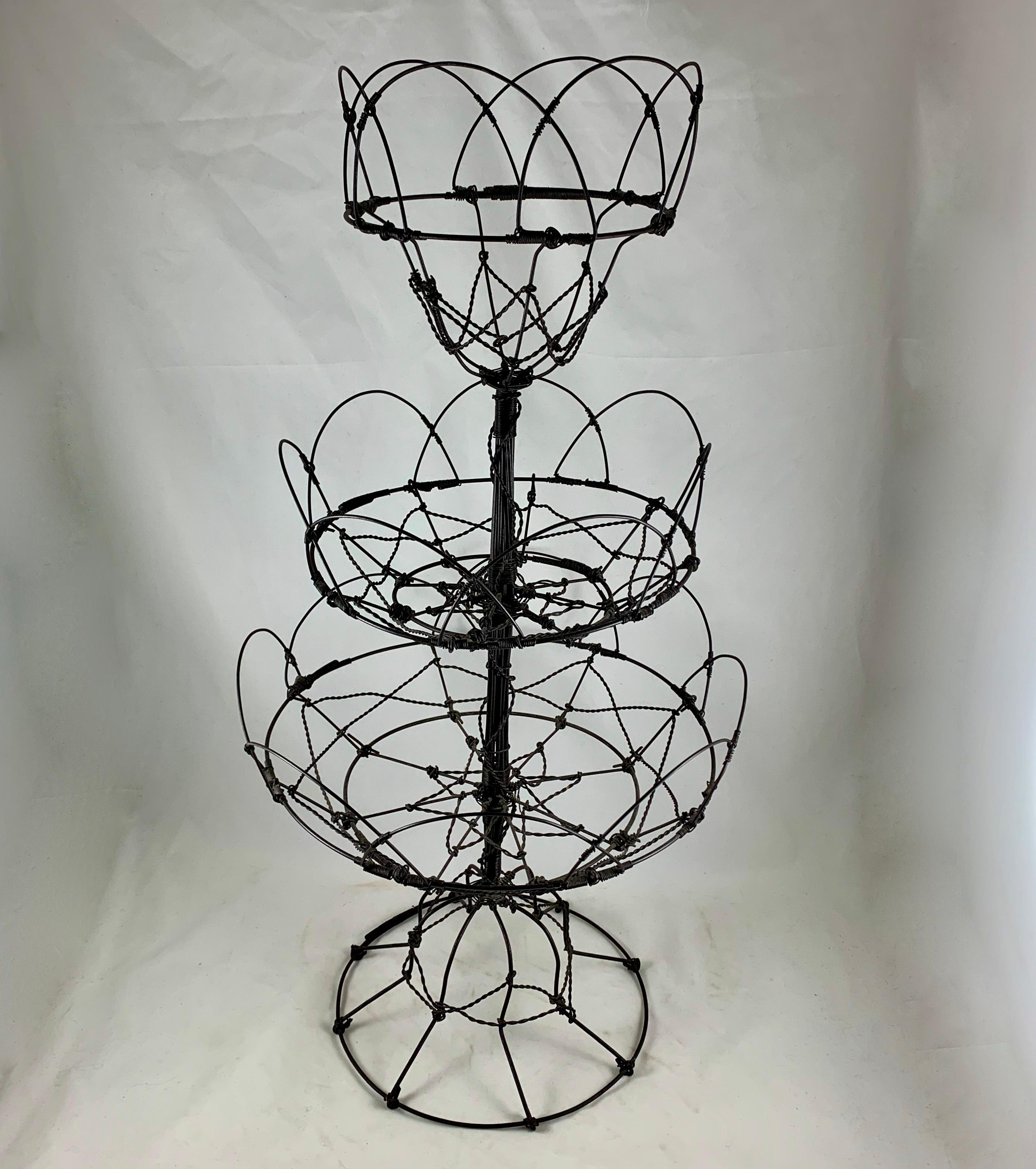 Hand-Crafted Late 19th Century Antique French Triple Tier Handmade Twisted Black Wire Basket
