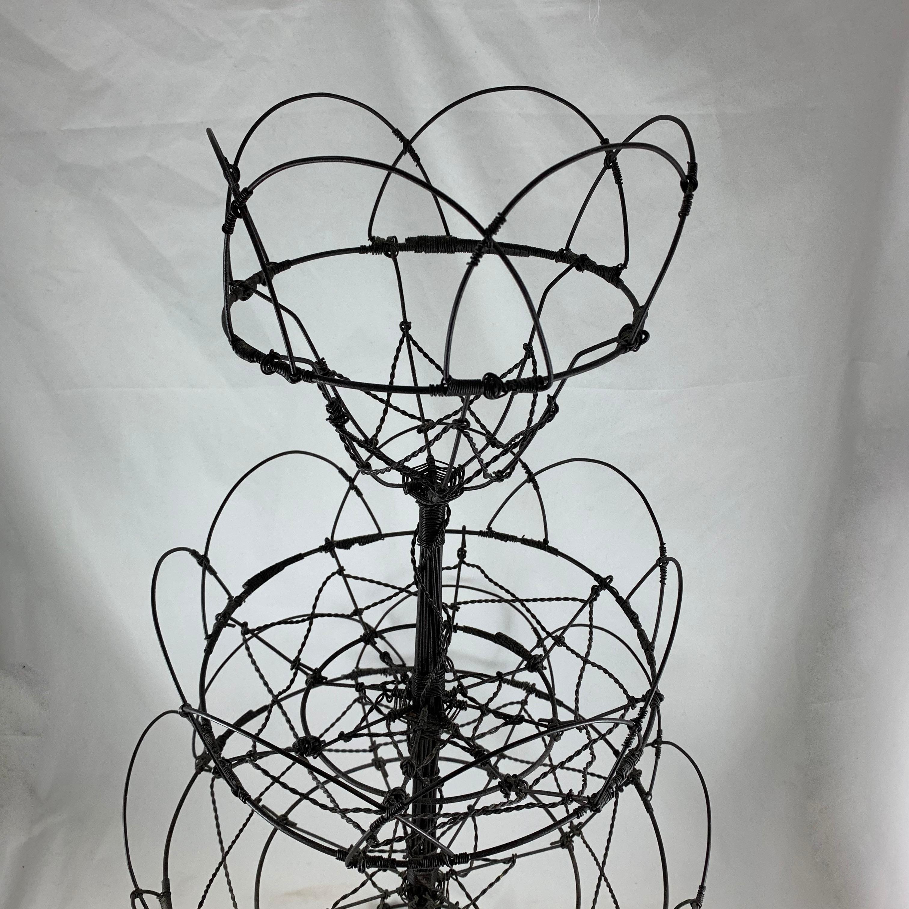 Late 19th Century Antique French Triple Tier Handmade Twisted Black Wire Basket In Good Condition In Philadelphia, PA