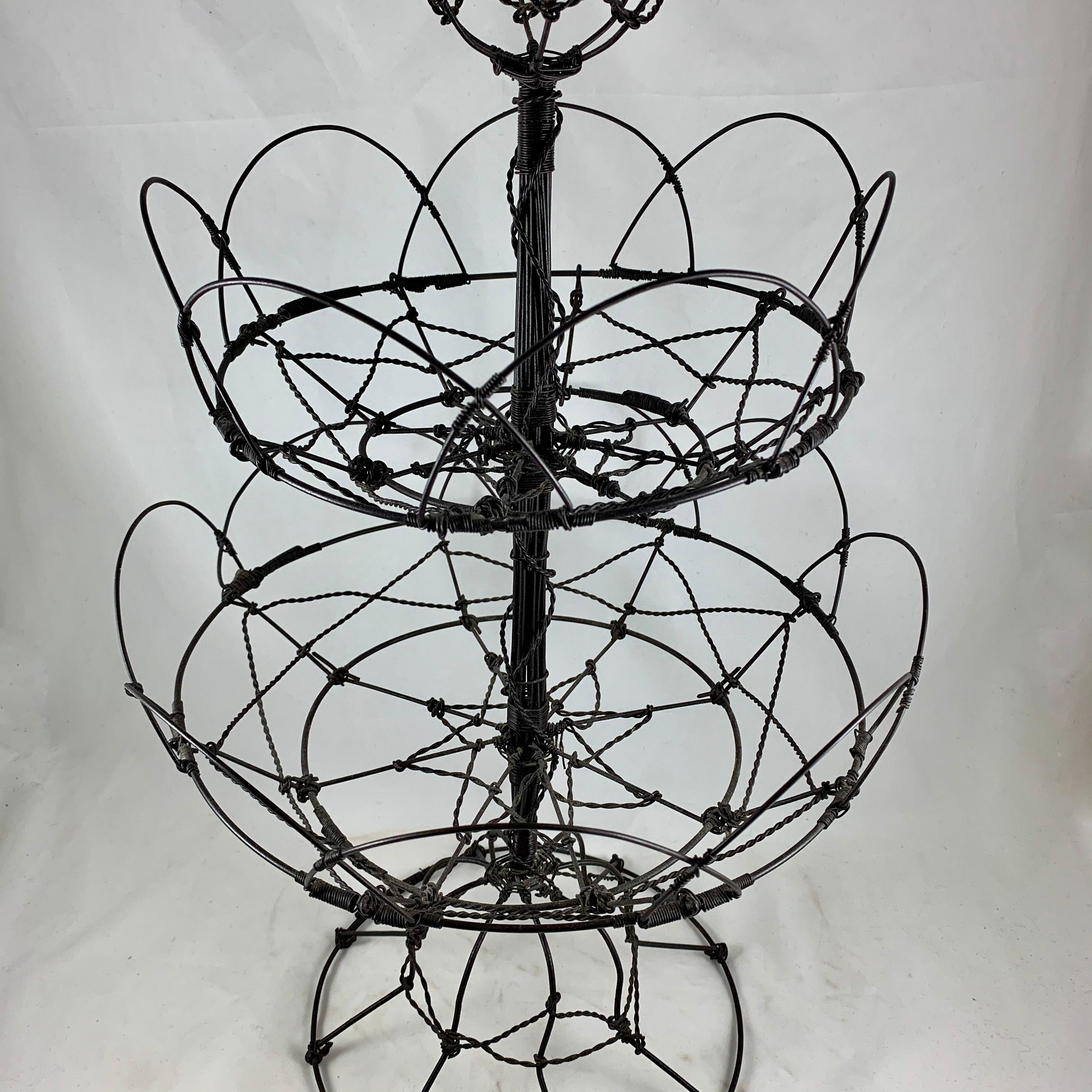 Metal Late 19th Century Antique French Triple Tier Handmade Twisted Black Wire Basket
