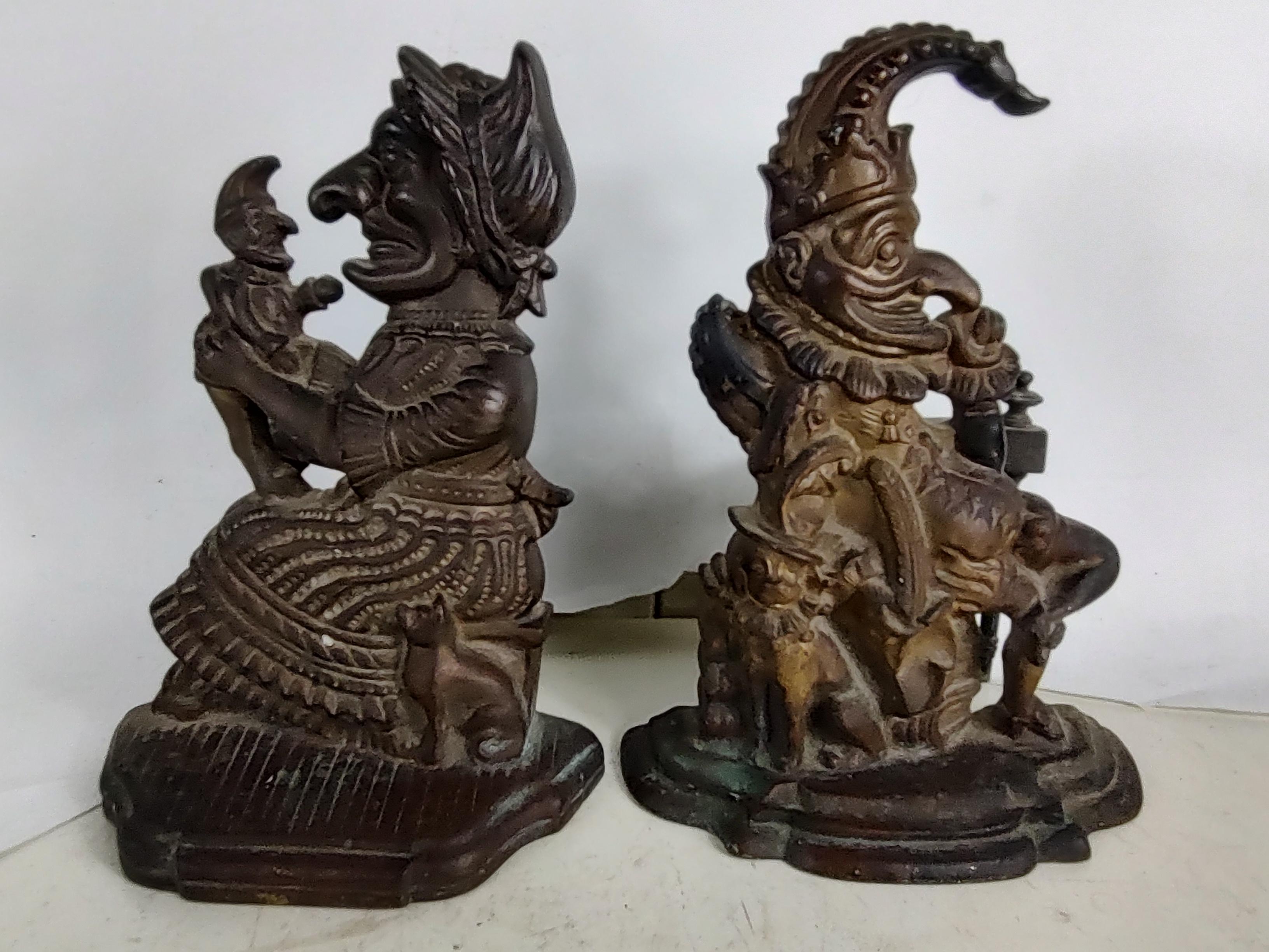 Late 19th C. Antique Pair of Solid Bronze Punch & Judy Andirons England For Sale 5
