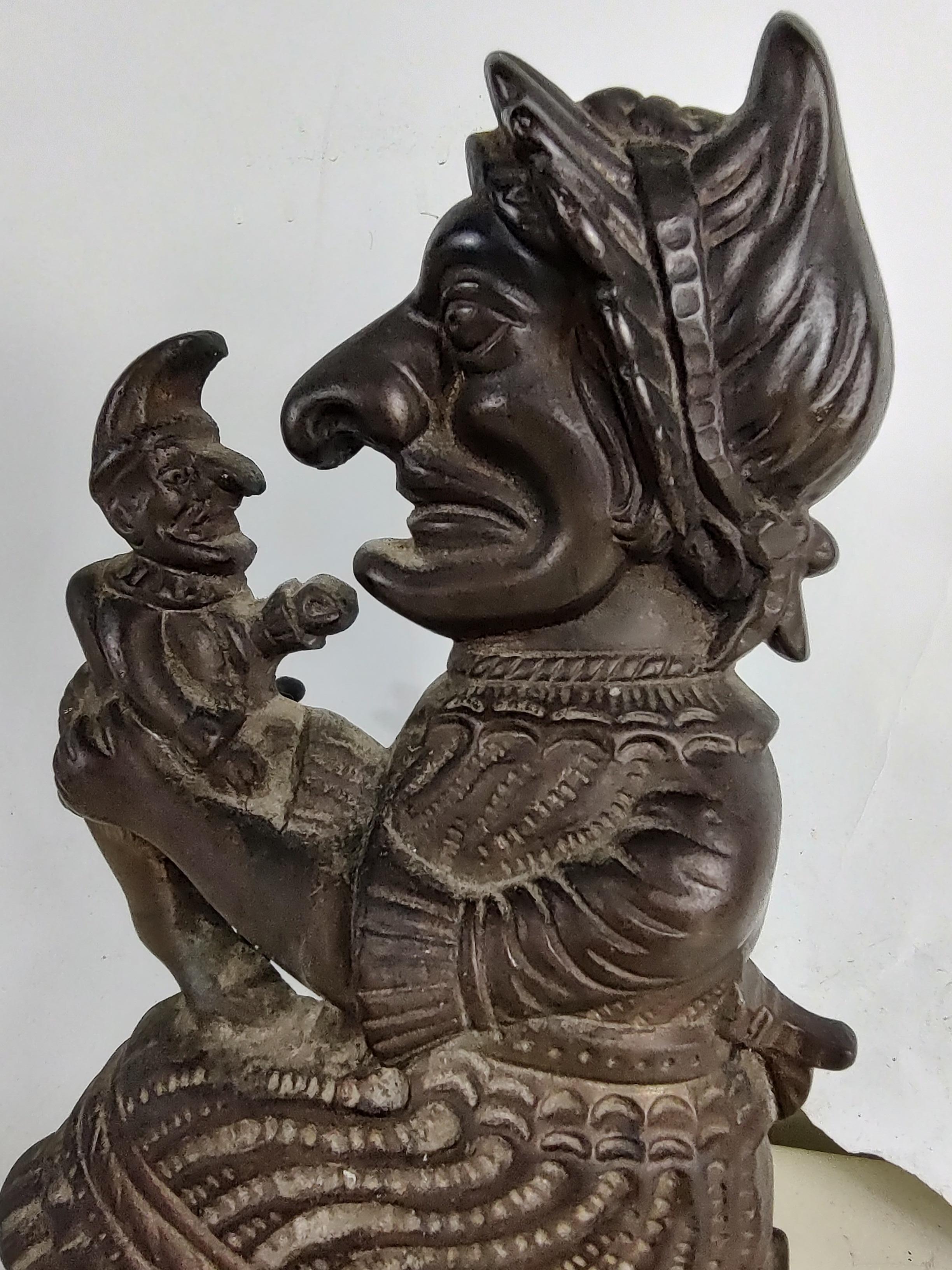 Late 19th Century Late 19th C. Antique Pair of Solid Bronze Punch & Judy Andirons England For Sale