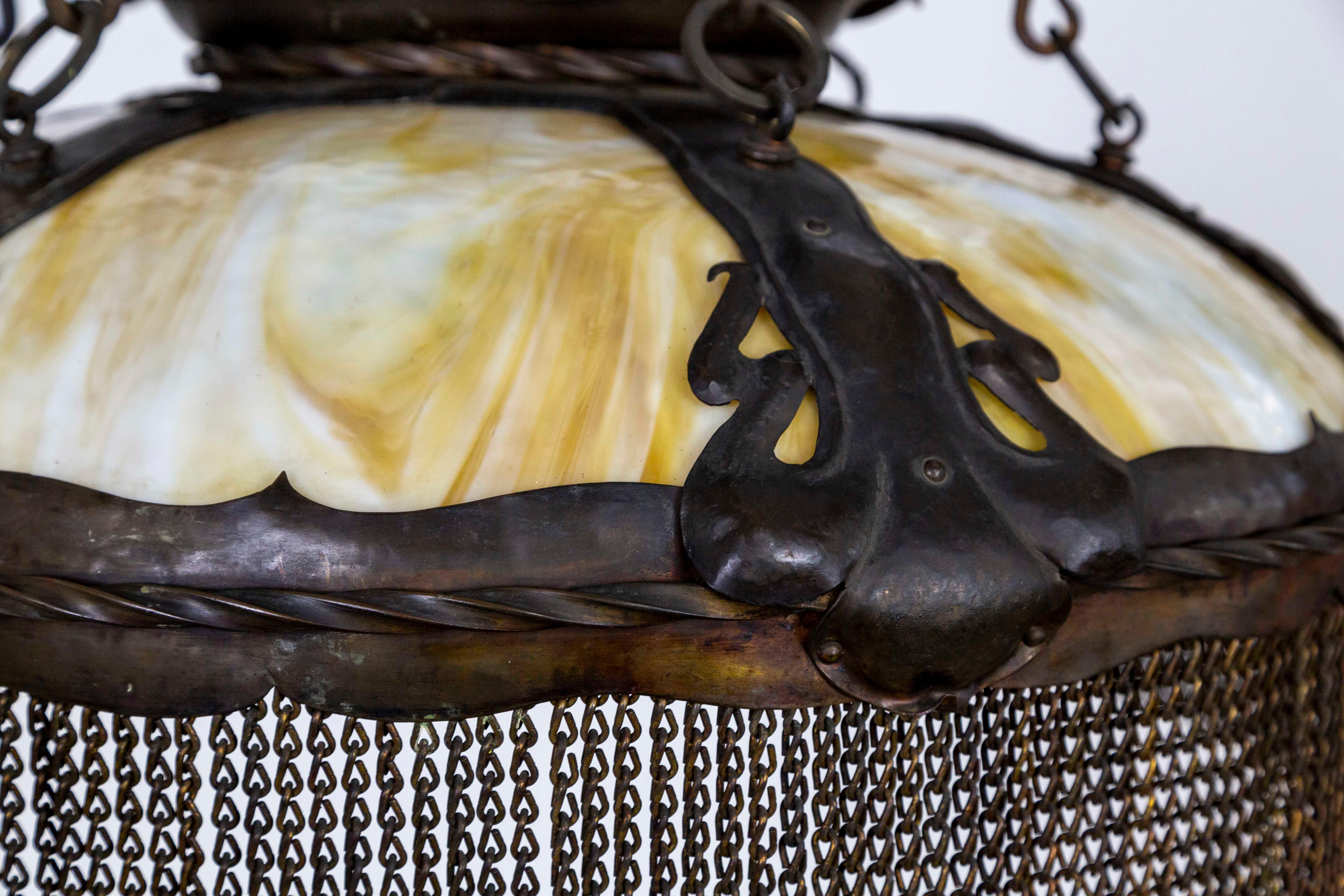 19th Cent. Art Nouveau Marble Glass & Bronze Pendant Chandelier w/ Chain Fringe 4
