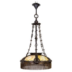19th Cent. Art Nouveau Marble Glass & Bronze Pendant Chandelier w/ Chain Fringe