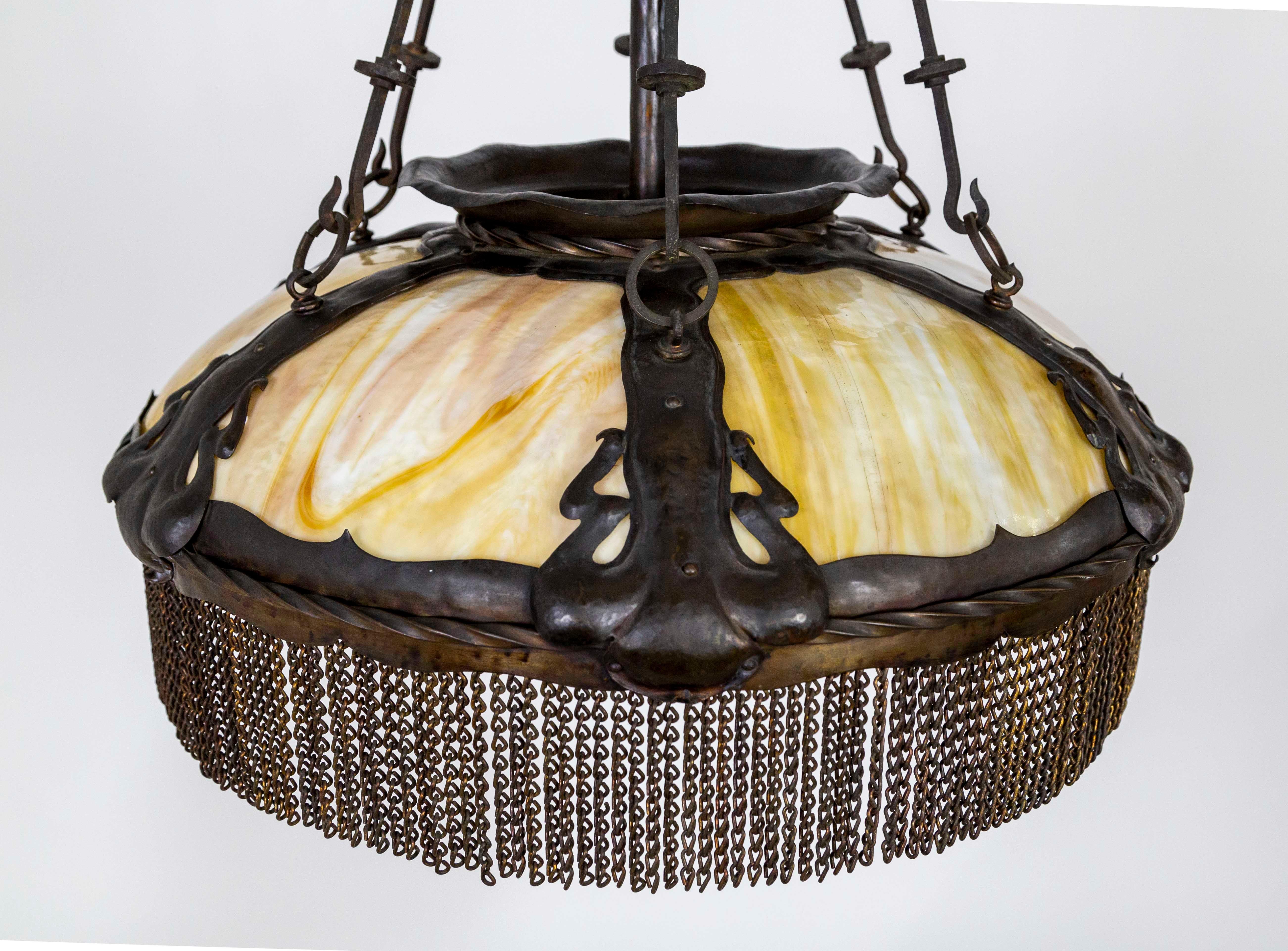 American 19th Cent. Art Nouveau Marble Glass & Bronze Pendant Chandelier w/ Chain Fringe