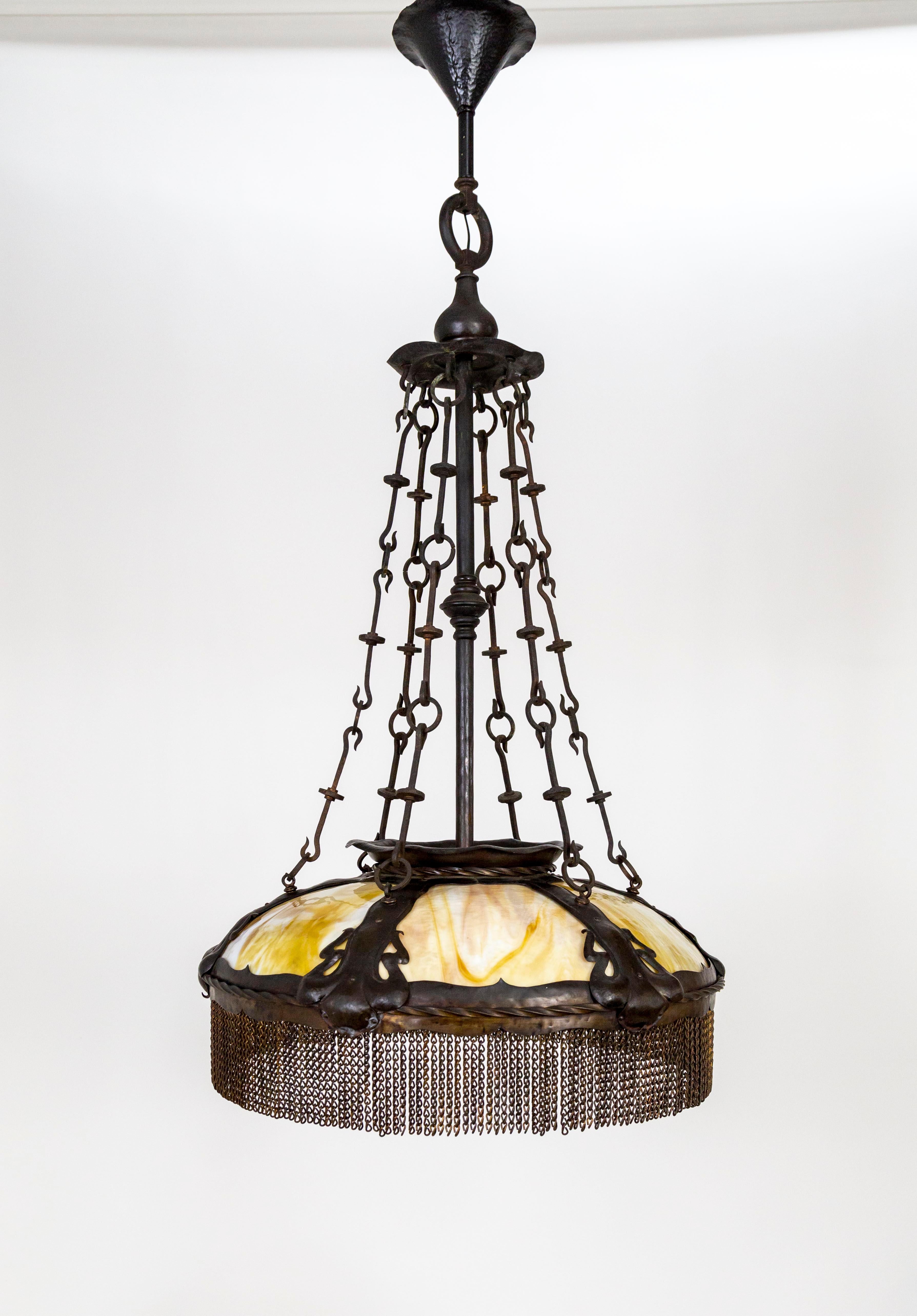 19th Cent. Art Nouveau Marble Glass & Bronze Pendant Chandelier w/ Chain Fringe In Good Condition In San Francisco, CA