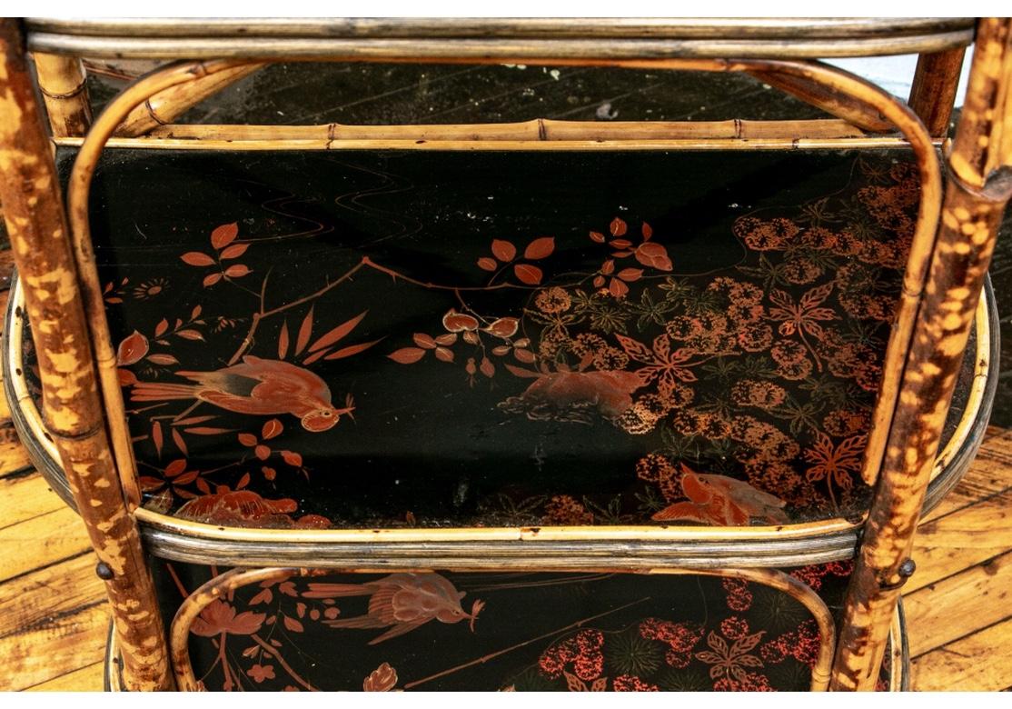 Late 19th Century Bamboo Chippendale Style Lacquer Decorated Etagere In Good Condition In Bridgeport, CT