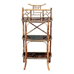 Antique Late 19th Century Bamboo Chippendale Style Lacquer Decorated Etagere