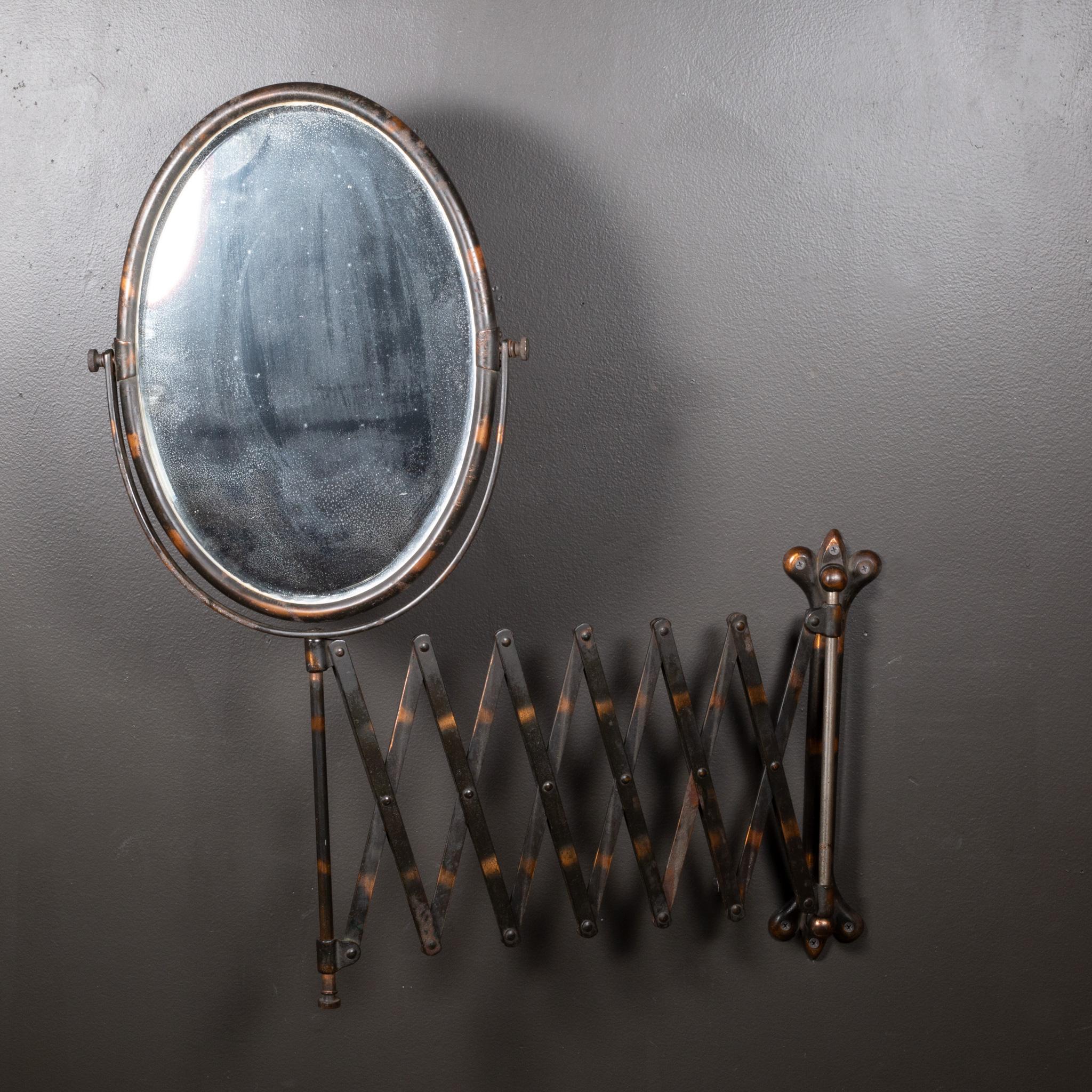 ABOUT

An original antique barber shop scissor extension mirror with Japanned or copper flashed metal, wood back and beveled mirror. The mirror tilts and extends out to 48 inches.

 CREATOR Possibly F.A. Hardy and Co.
 DATE OF MANUFACTURE