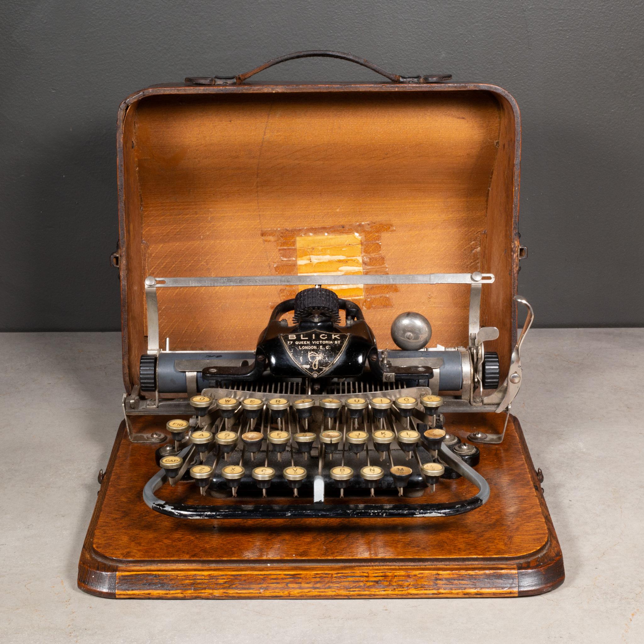 ABOUT

Late 19th c. Blick typewriter #7 with original wooden case and mounted on a wooden base. The number 7 model was manufactured from 1897 to 1916 by the Blickensderfer Typewriter Company based in Stamford, Connecticut, USA. This particular