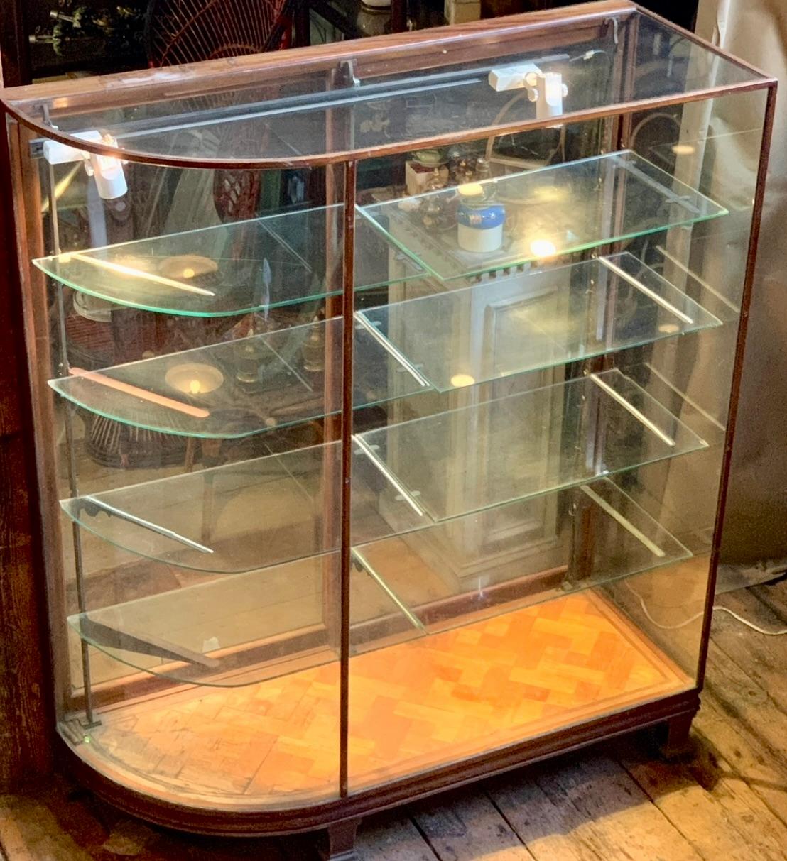 American Late 19th C. Bow Glass Sided Display Cabinet from an Upscale Boston Fashion Shop For Sale