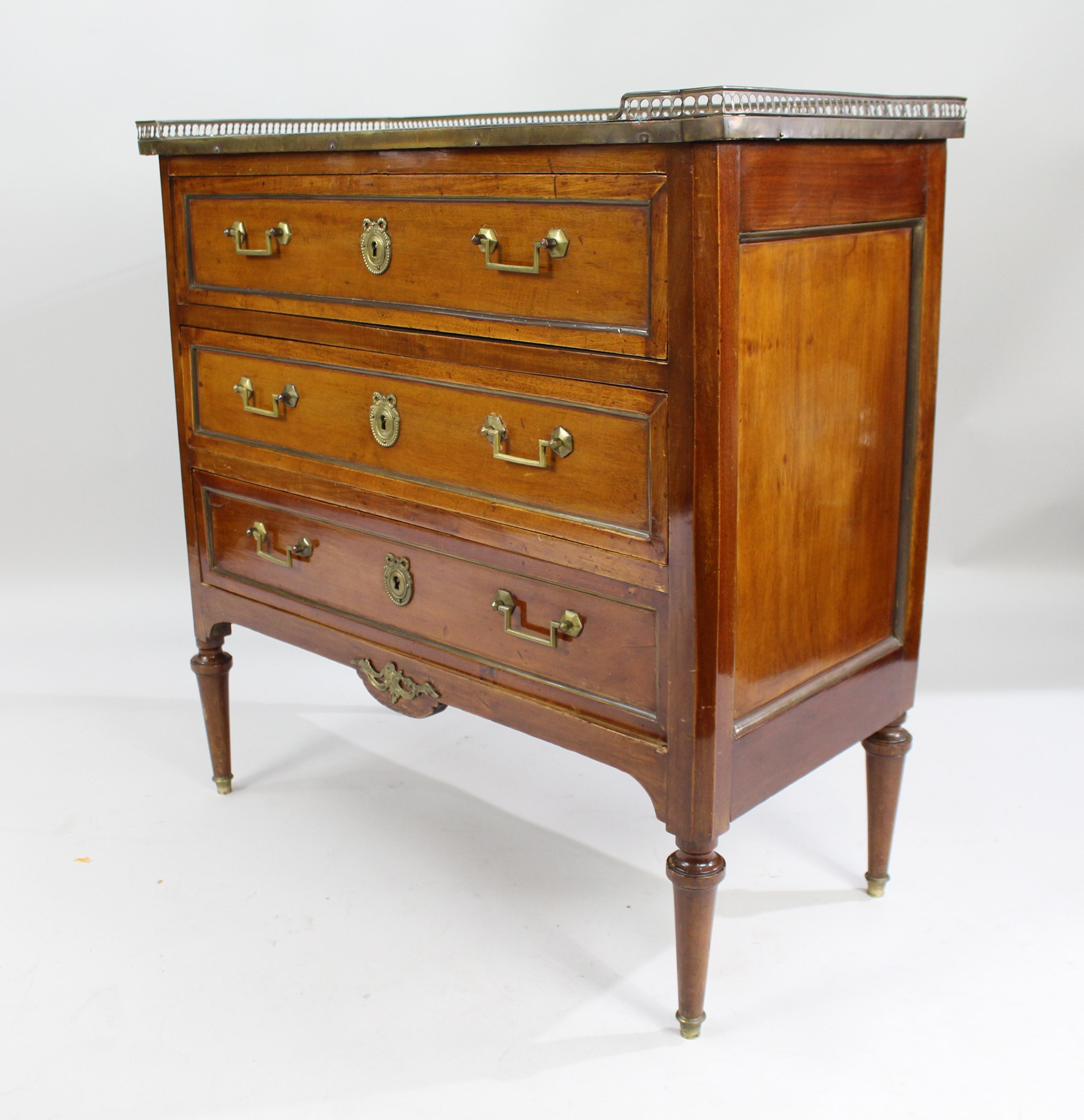 French Late 19th Century Brass Galleried Marble Topped Chest of Drawers For Sale