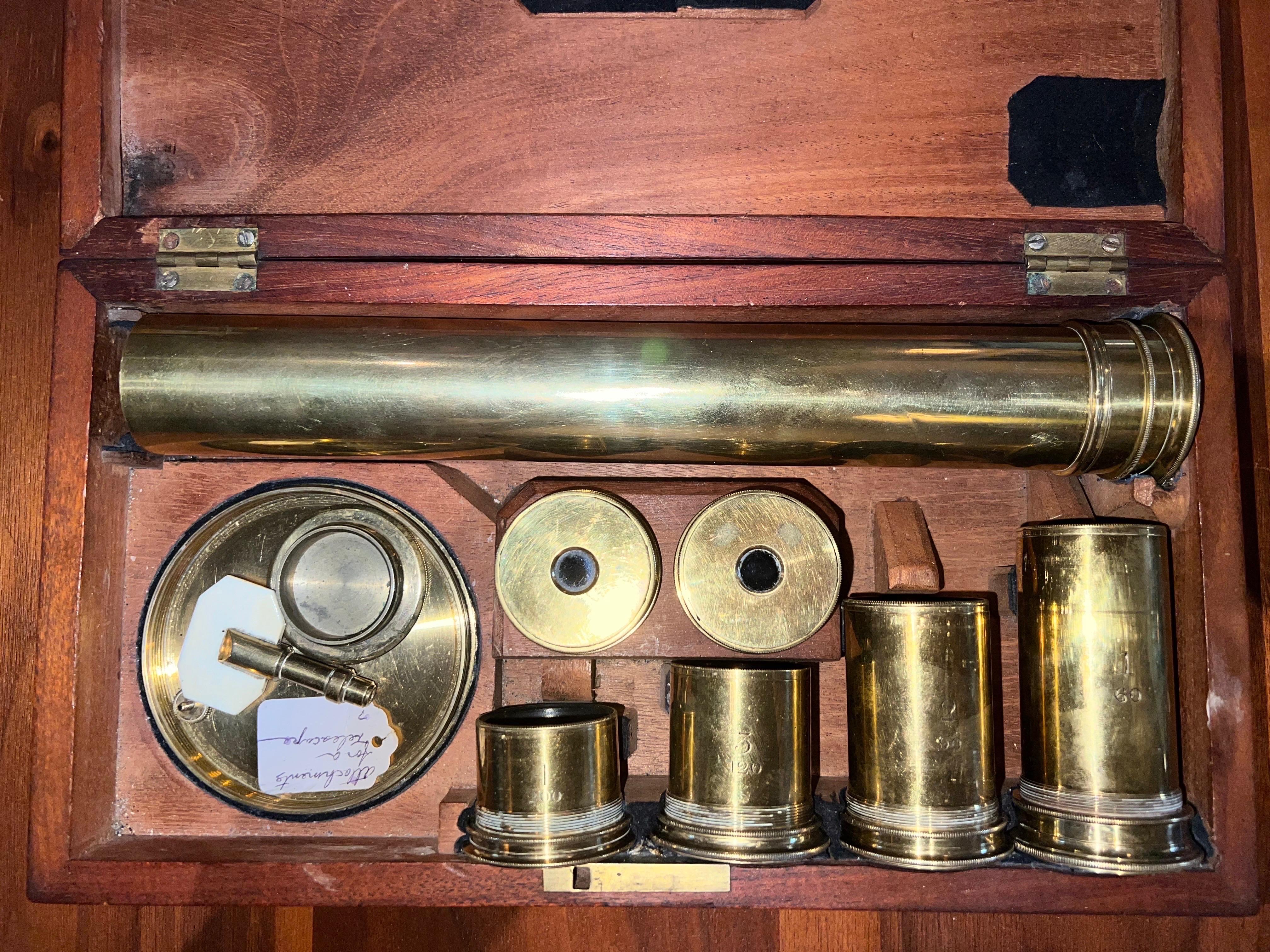 Late 19th Century Brass Telescope Oculars and Accessories in Wooden Box  In Good Condition In Brooklyn, NY