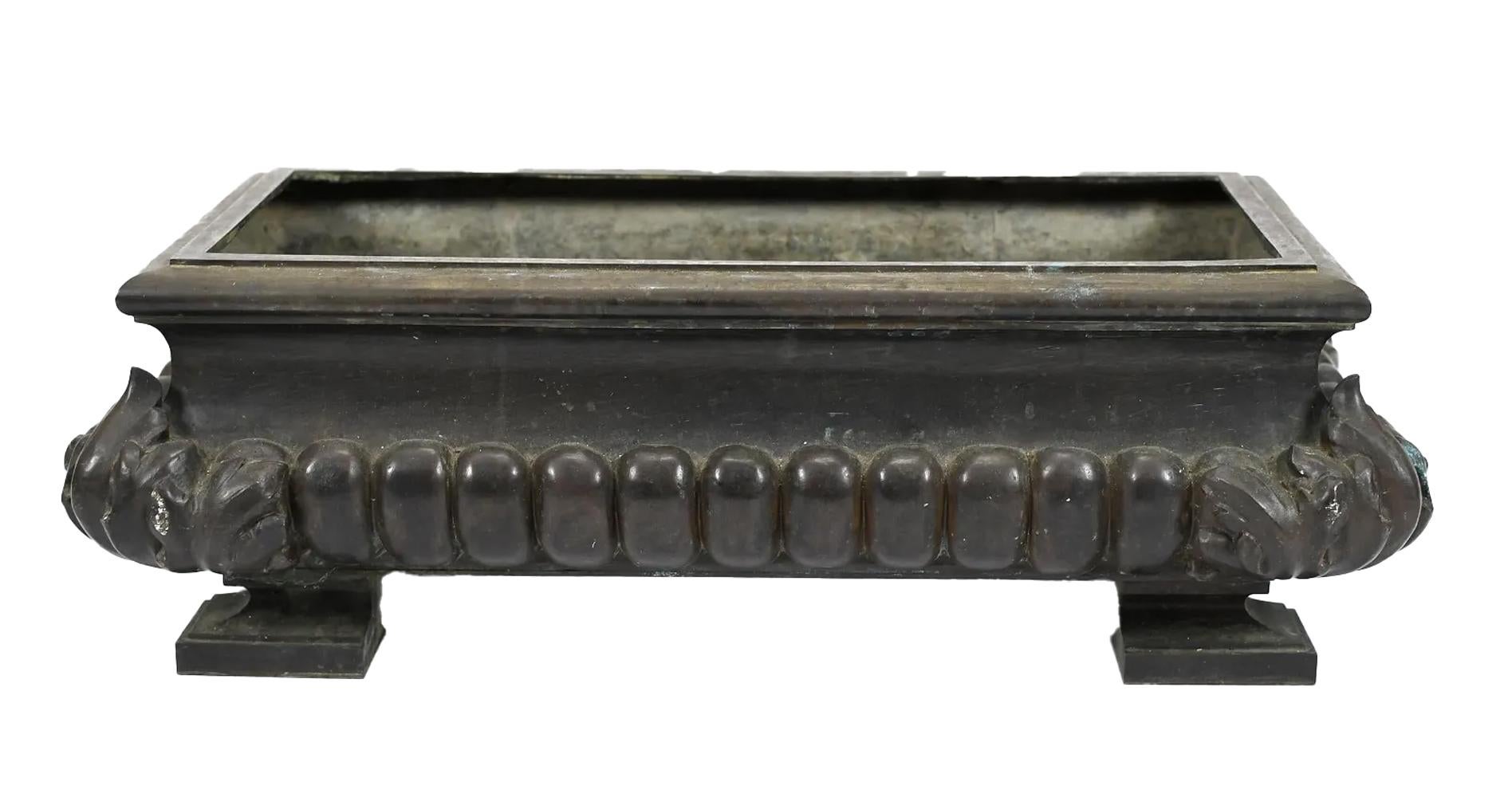 19th Century Late 19th C. Bronze Neo-Classic Planter w/Gadrooned Sides and Acanthus Corners For Sale