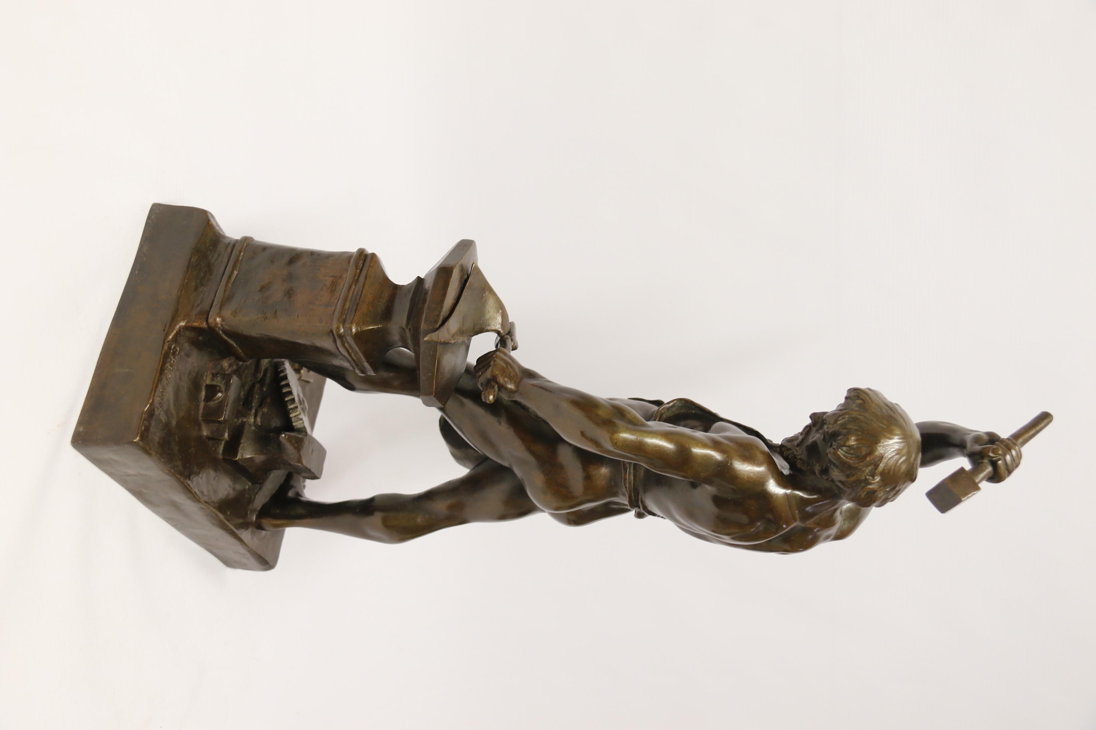 This 19th century French sculpture is the work of the highly acclaimed French sculptor Emile Louis Picault (1833 – 1915).

It depicts a muscular and bearded semi naked blacksmith working in his forge heating a metal plough blade in his furnace