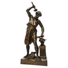 Étude en bronze de la fin du XIXe siècle d'un forgeron semi-nacré par E. L Picault, France, vers 1890