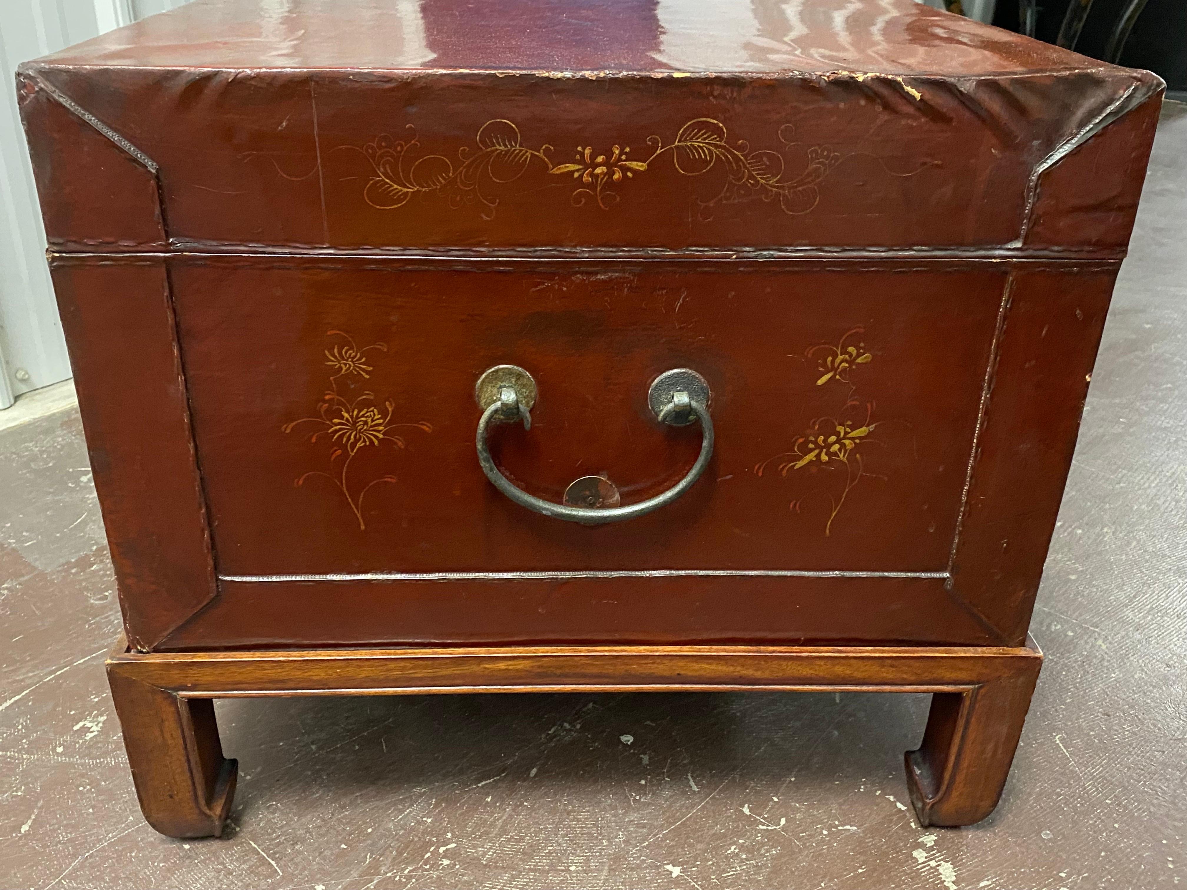 Late 19th C. Chinese Export Painted Leather Chest on Later Stand For Sale 7