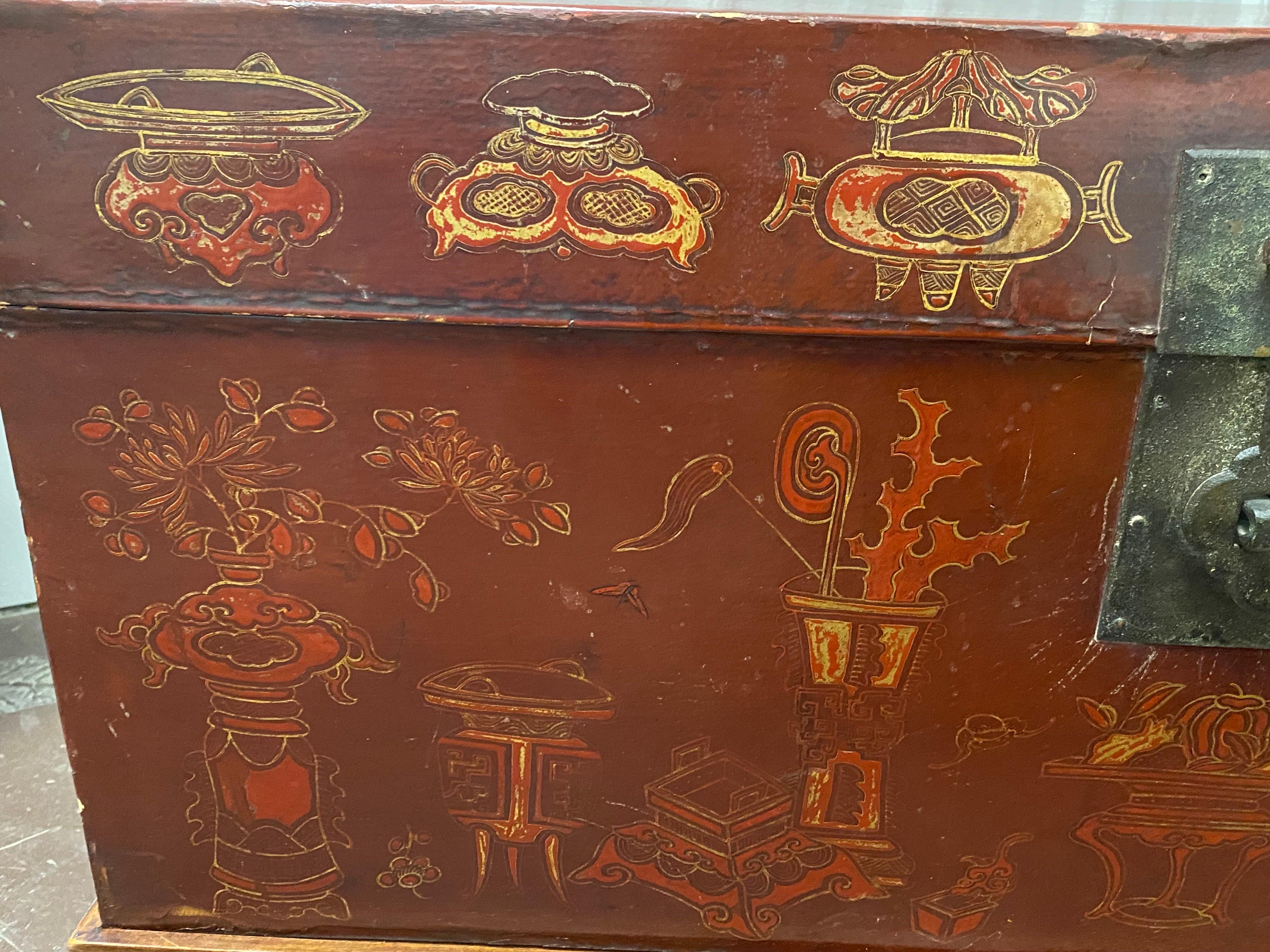 Late 19th C. Chinese Export Painted Leather Chest on Later Stand For Sale 8