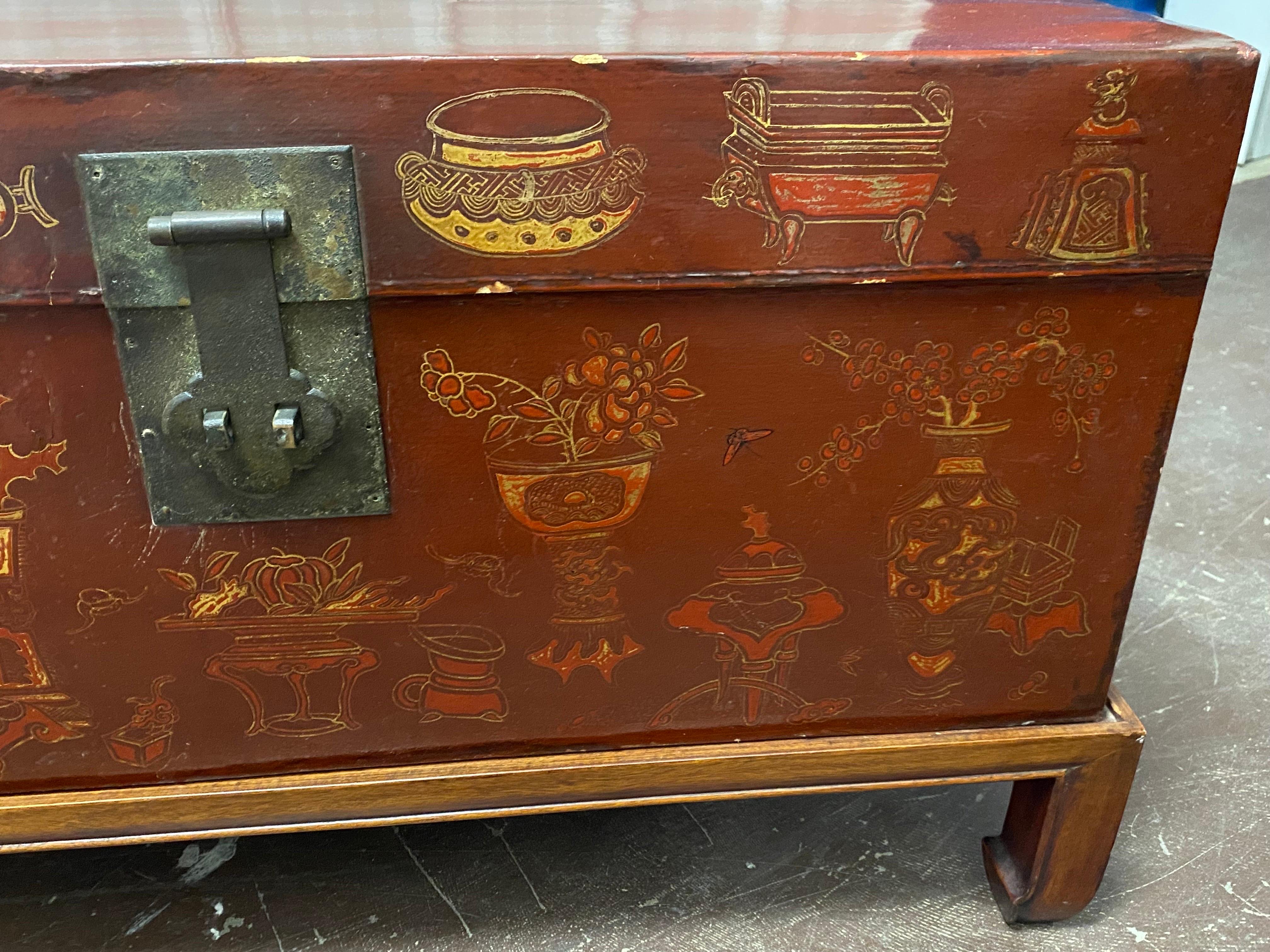 Late 19th C. Chinese Export Painted Leather Chest on Later Stand For Sale 9