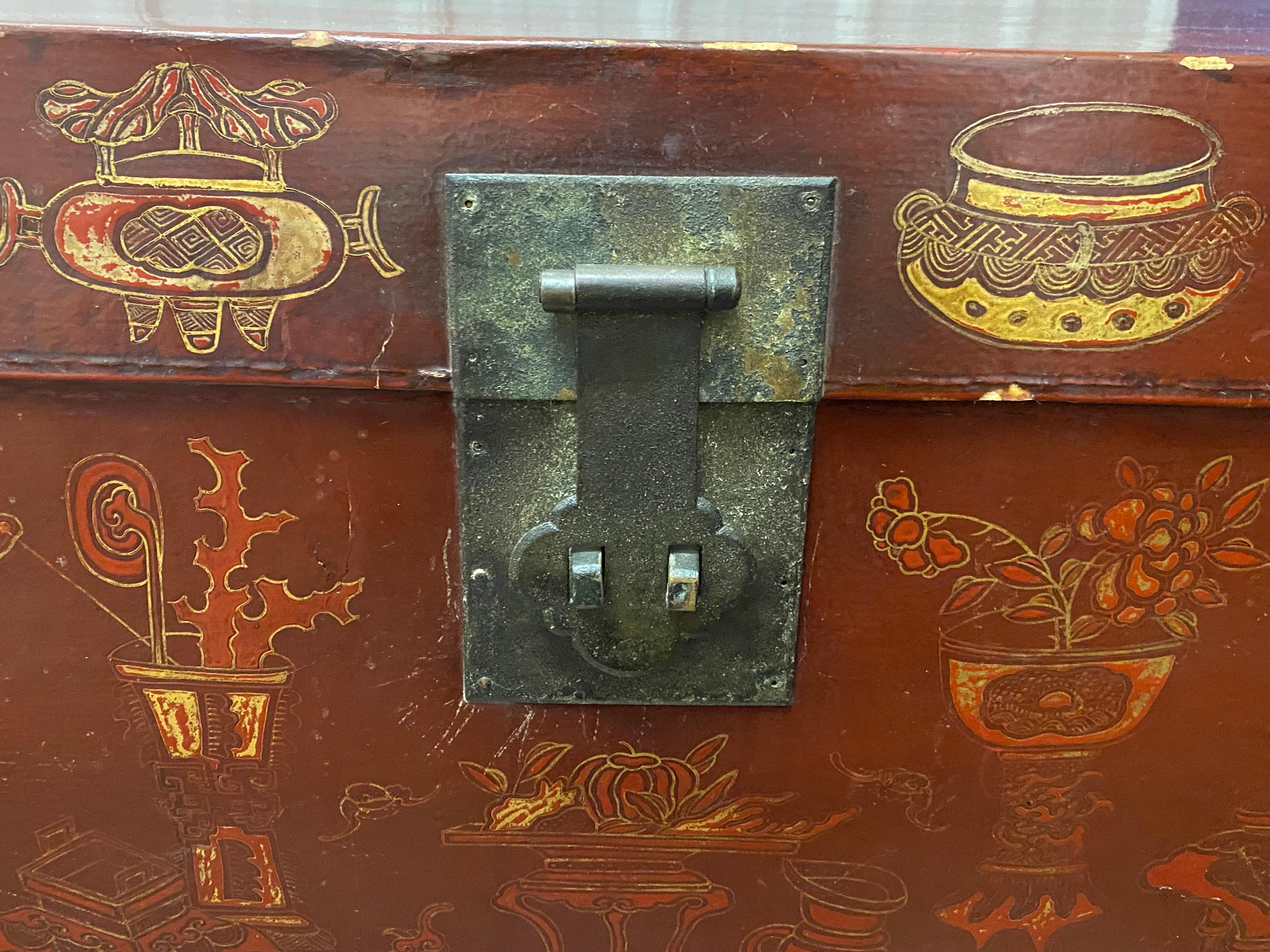 Late 19th C. Chinese Export Painted Leather Chest on Later Stand For Sale 10