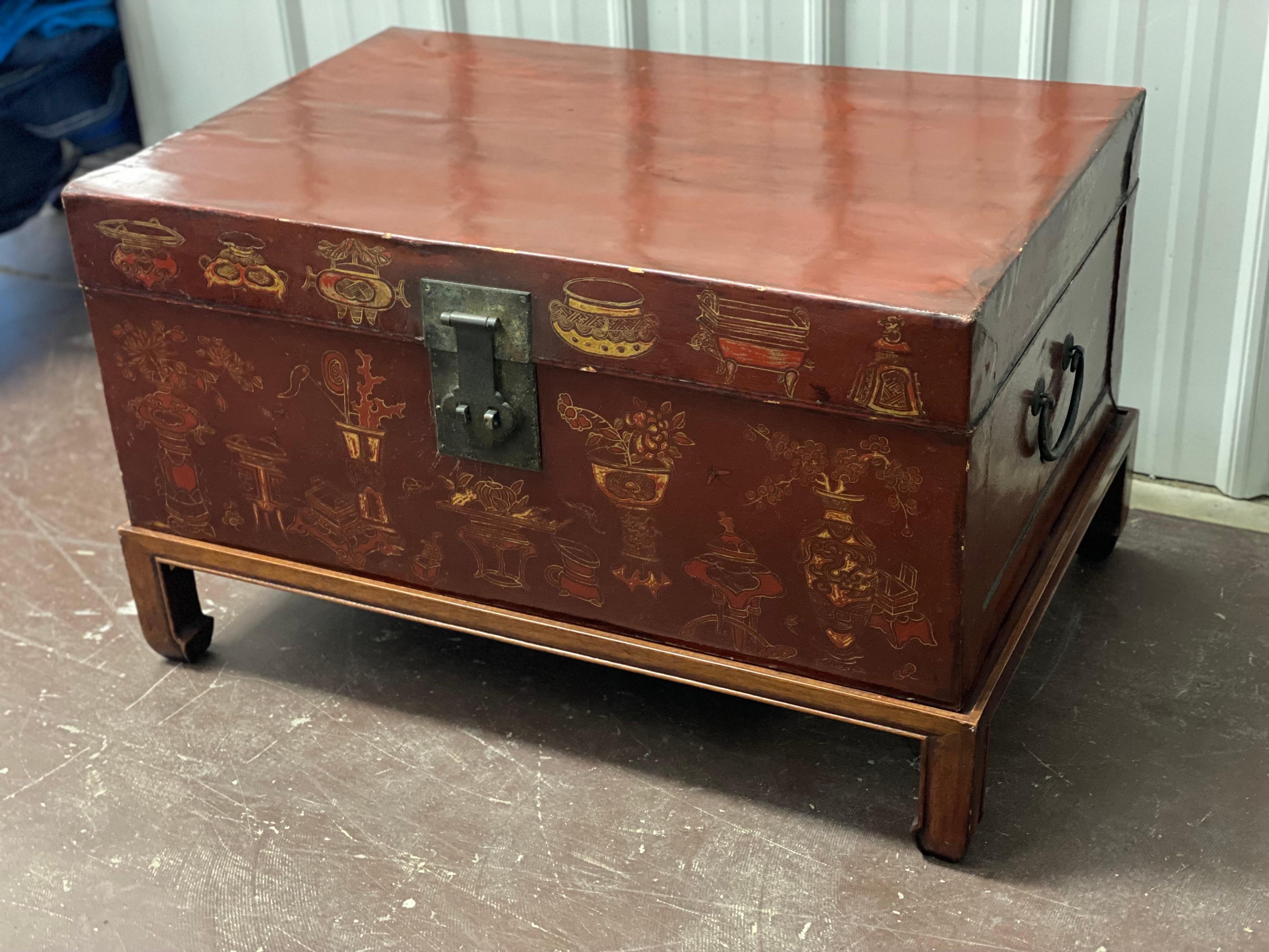 Late 19th C. Chinese Export Painted Leather Chest on Later Stand In Fair Condition For Sale In Southampton, NY