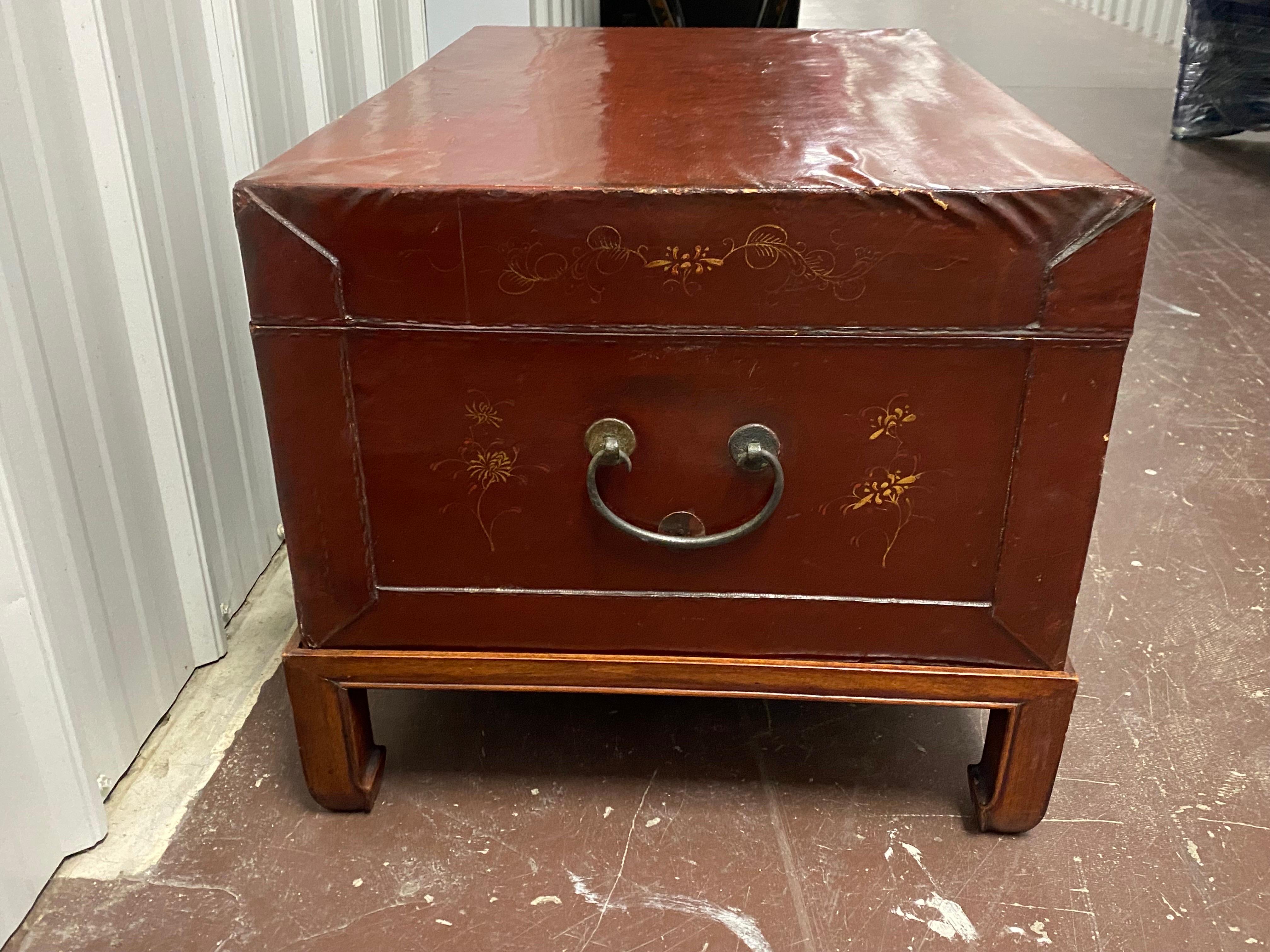 Late 19th C. Chinese Export Painted Leather Chest on Later Stand For Sale 1