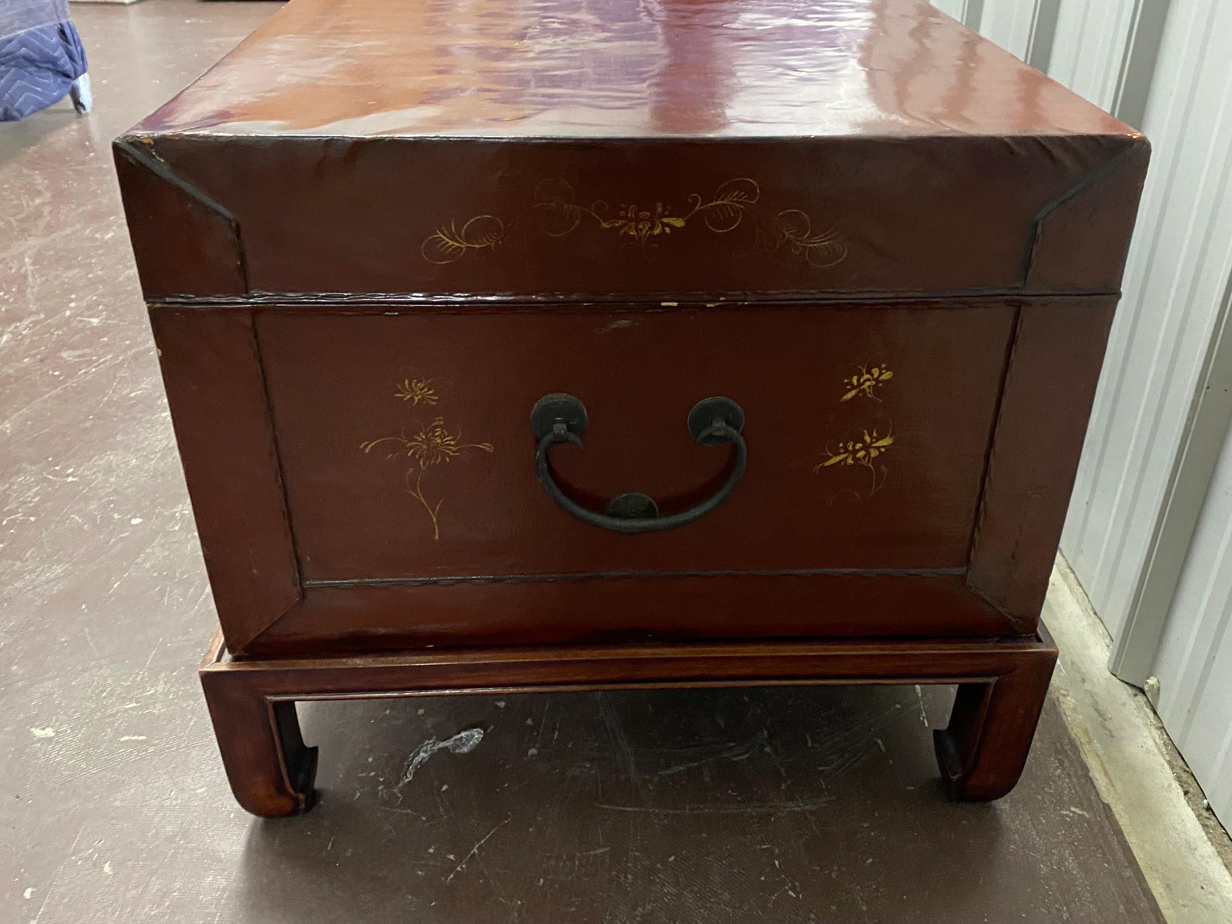 Late 19th C. Chinese Export Painted Leather Chest on Later Stand For Sale 2