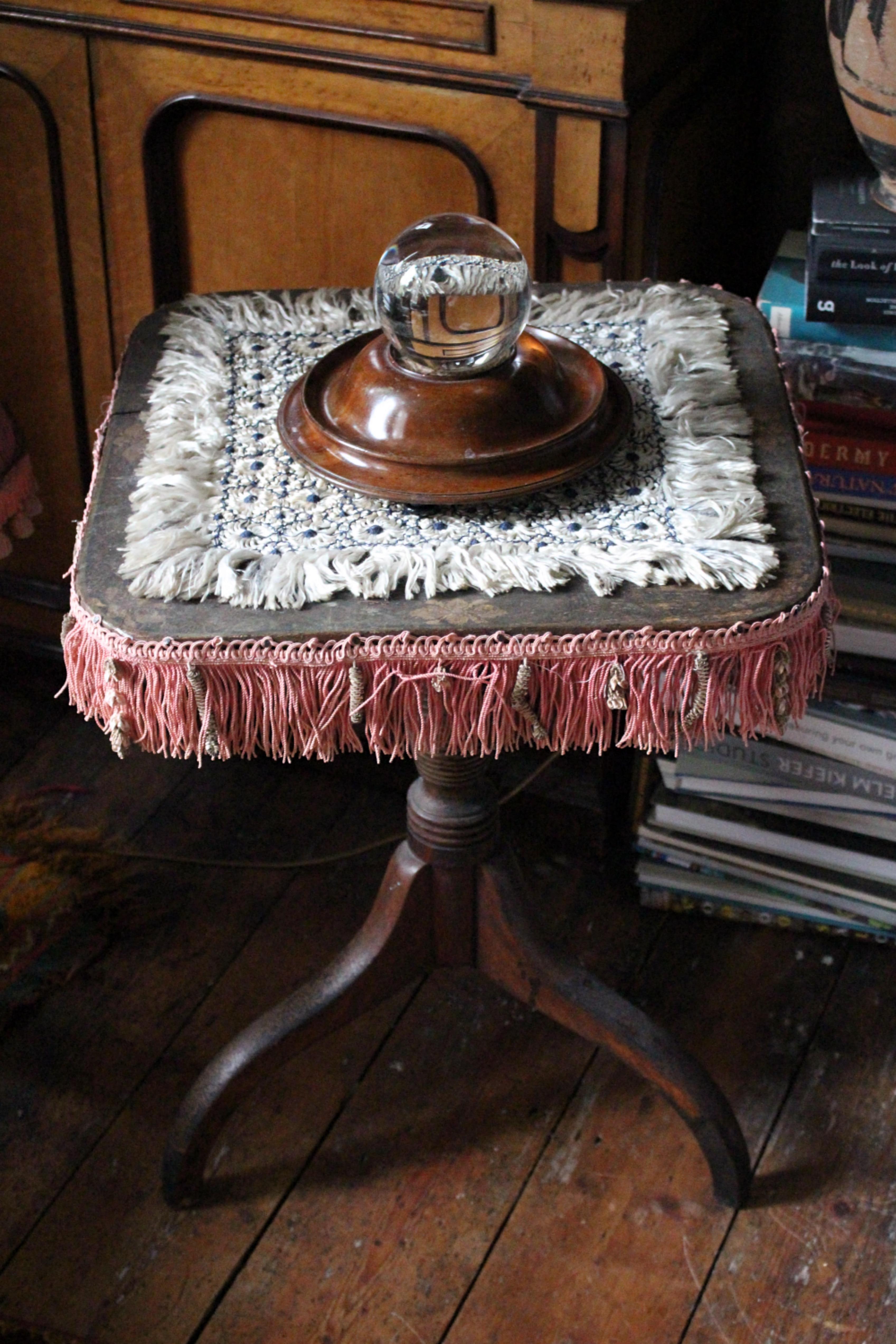 Late 19th C Clairvoyant Fortune Tellers Crystal Ball Stand & Silk Cover Curio 11