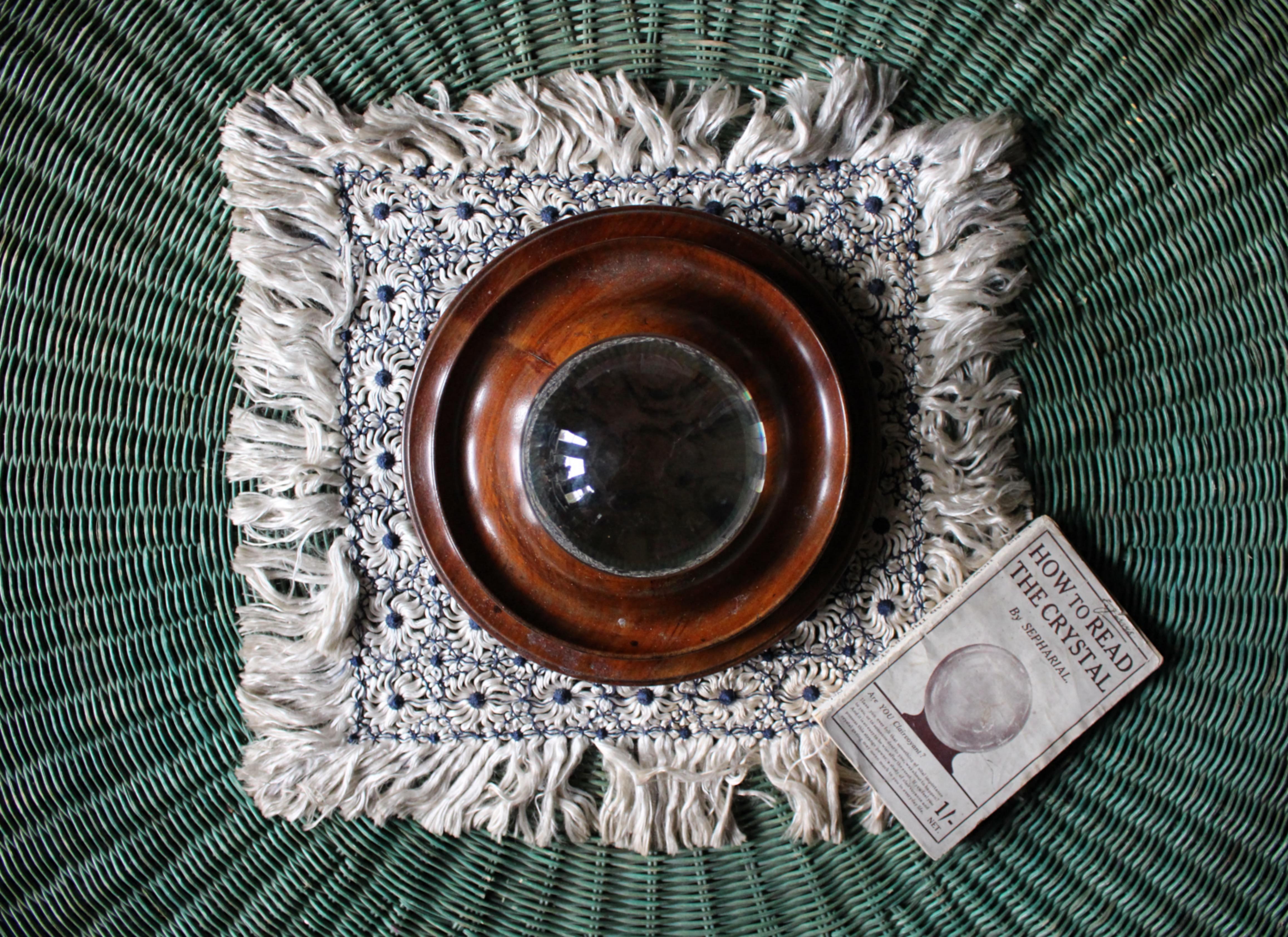 English Late 19th C Clairvoyant Fortune Tellers Crystal Ball Stand & Silk Cover Curio