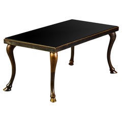 Antique Late 19th C Coffee Table with Bronze Hoof Legs and Black Glass Top