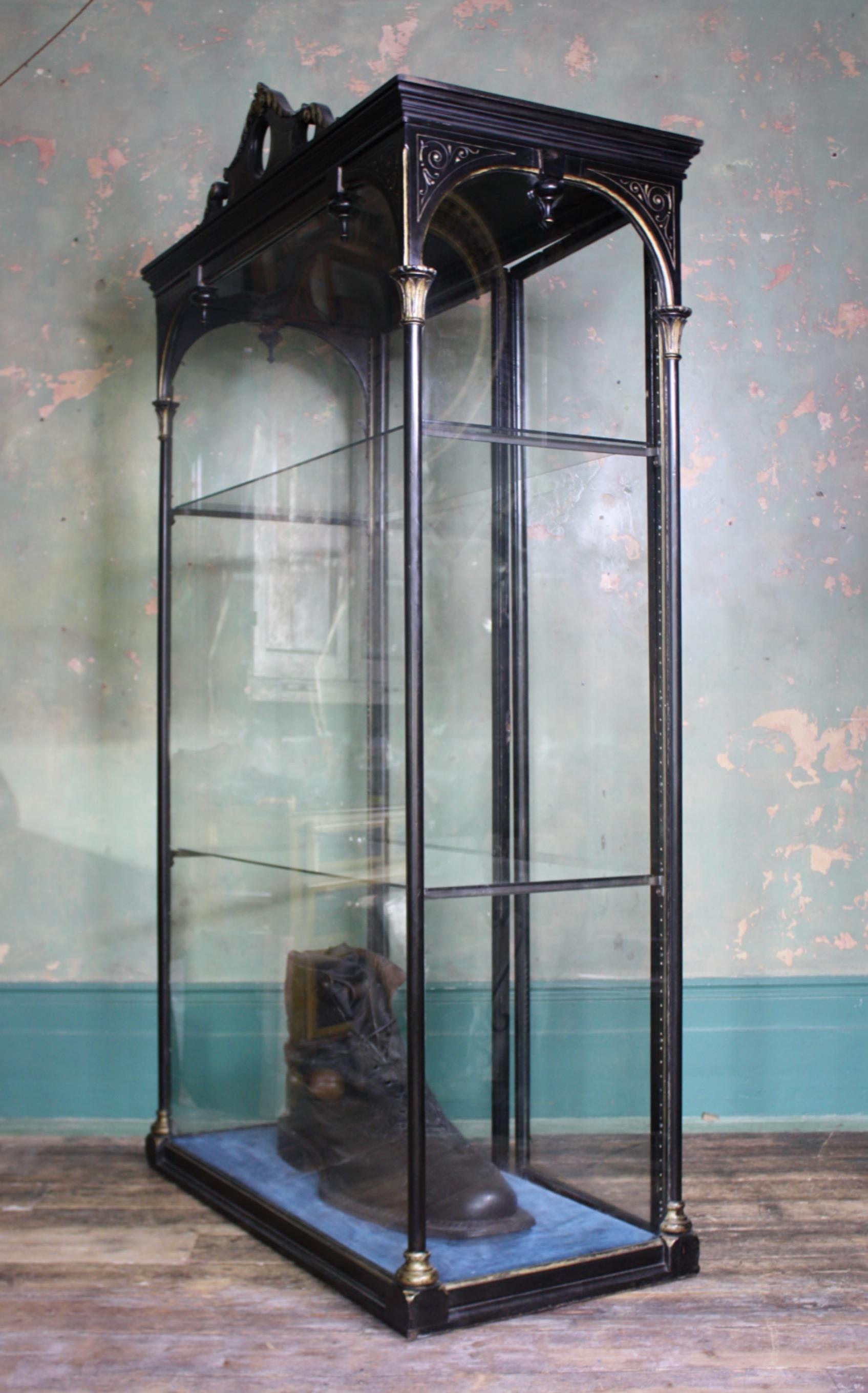 English Ebonized and Gilt Shop Display Cabinet Vitrine, Frederick Sage, London