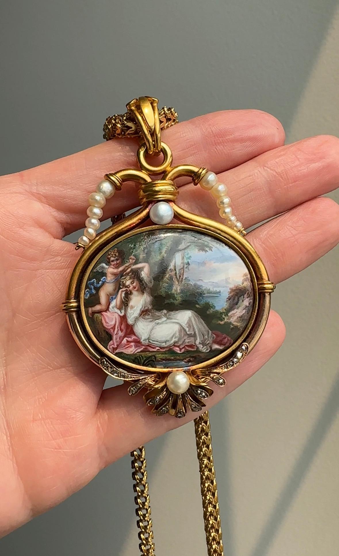 Rose Cut Late 19th C Enamel Miniature Pendant Necklace of Cupid and Psyche with Locket For Sale