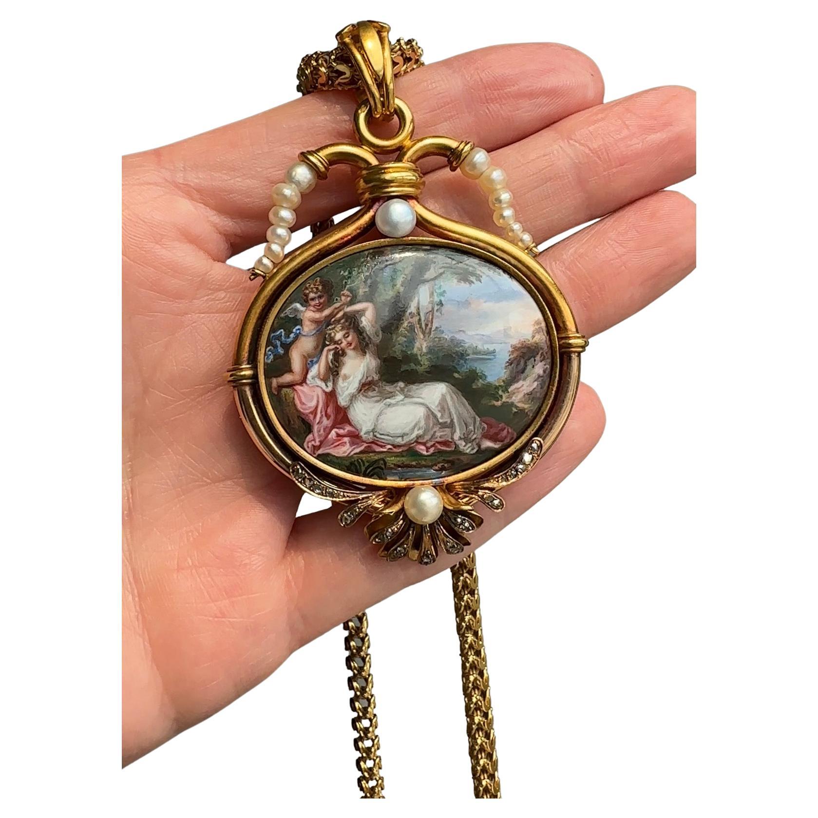 Late 19th C Enamel Miniature Pendant Necklace of Cupid and Psyche with Locket