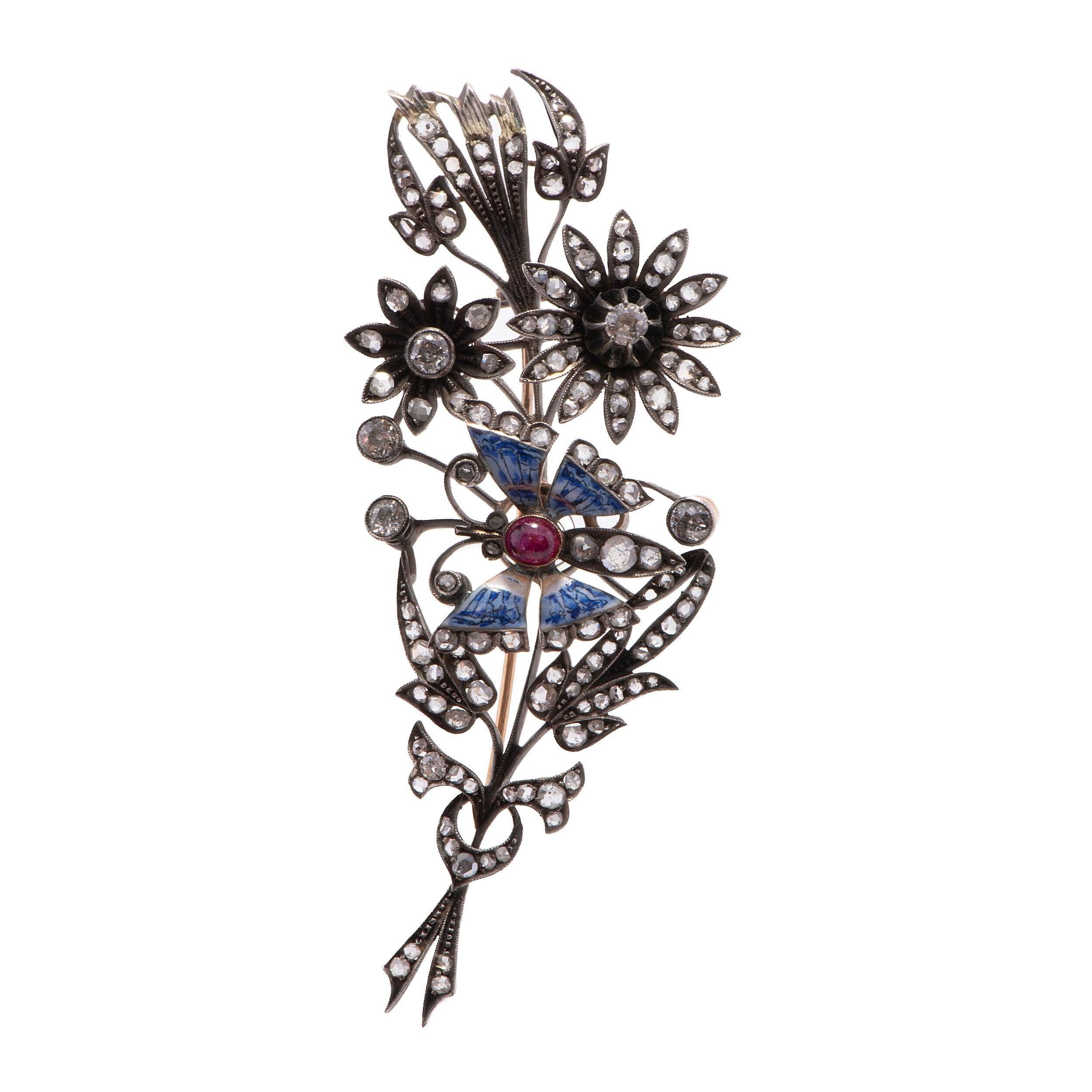 Women's or Men's Late 19th C Enamel, Ruby and Diamond Set En Tremblant Flower Brooch For Sale