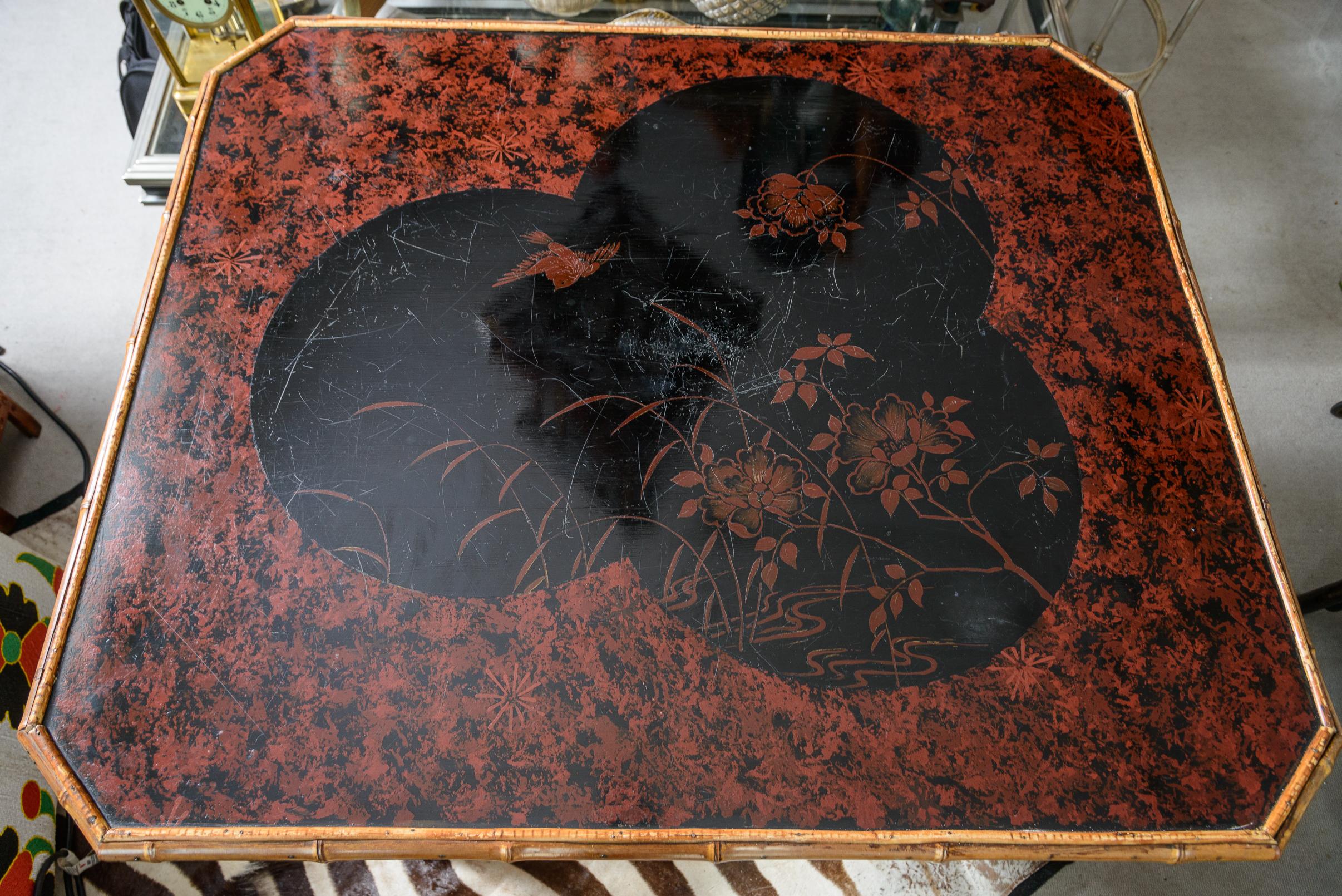 English Bamboo & Japanned Lacquer Game Table, C. 1880